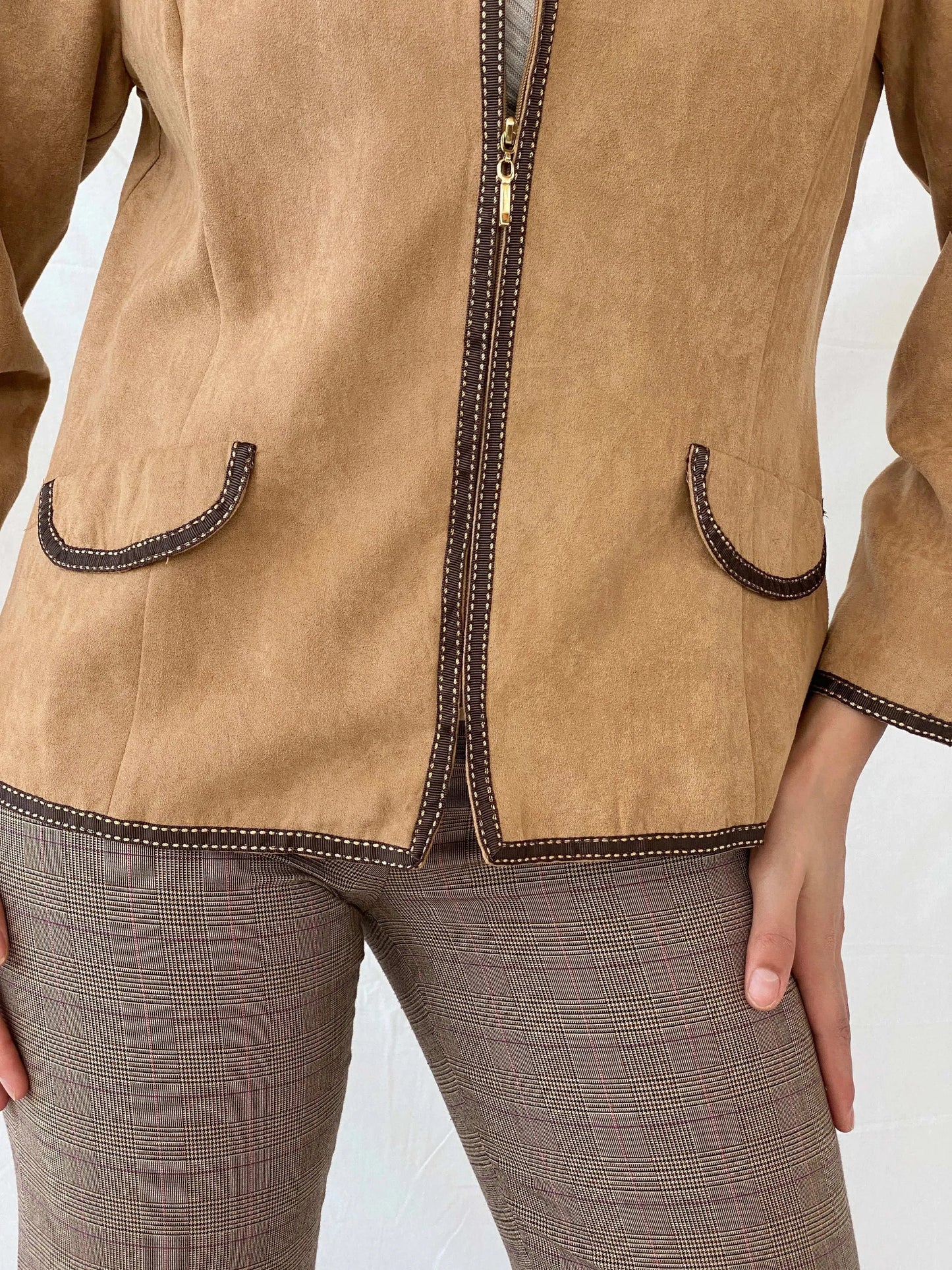 Perceptions New York Beige Fitted Zip Up Brown Trim Light Jacket - L - Balagan Vintage Blazer 90s, blazer, Coats&Jackets, full sleeve blazer, Mira, winter, Women's Blazers