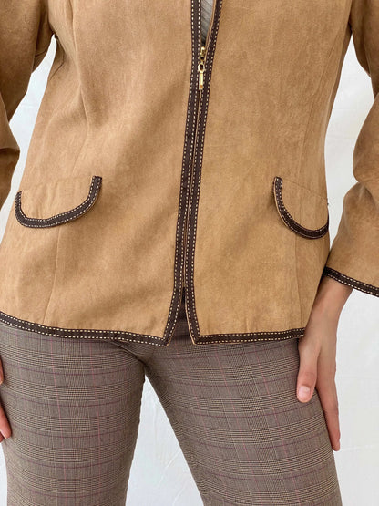 Perceptions New York Beige Fitted Zip Up Brown Trim Light Jacket - L - Balagan Vintage Blazer 90s, blazer, Coats&Jackets, full sleeve blazer, Mira, winter, Women's Blazers