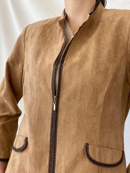 Perceptions New York Beige Fitted Zip Up Brown Trim Light Jacket - L - Balagan Vintage Blazer 90s, blazer, Coats&Jackets, full sleeve blazer, Mira, winter, Women's Blazers