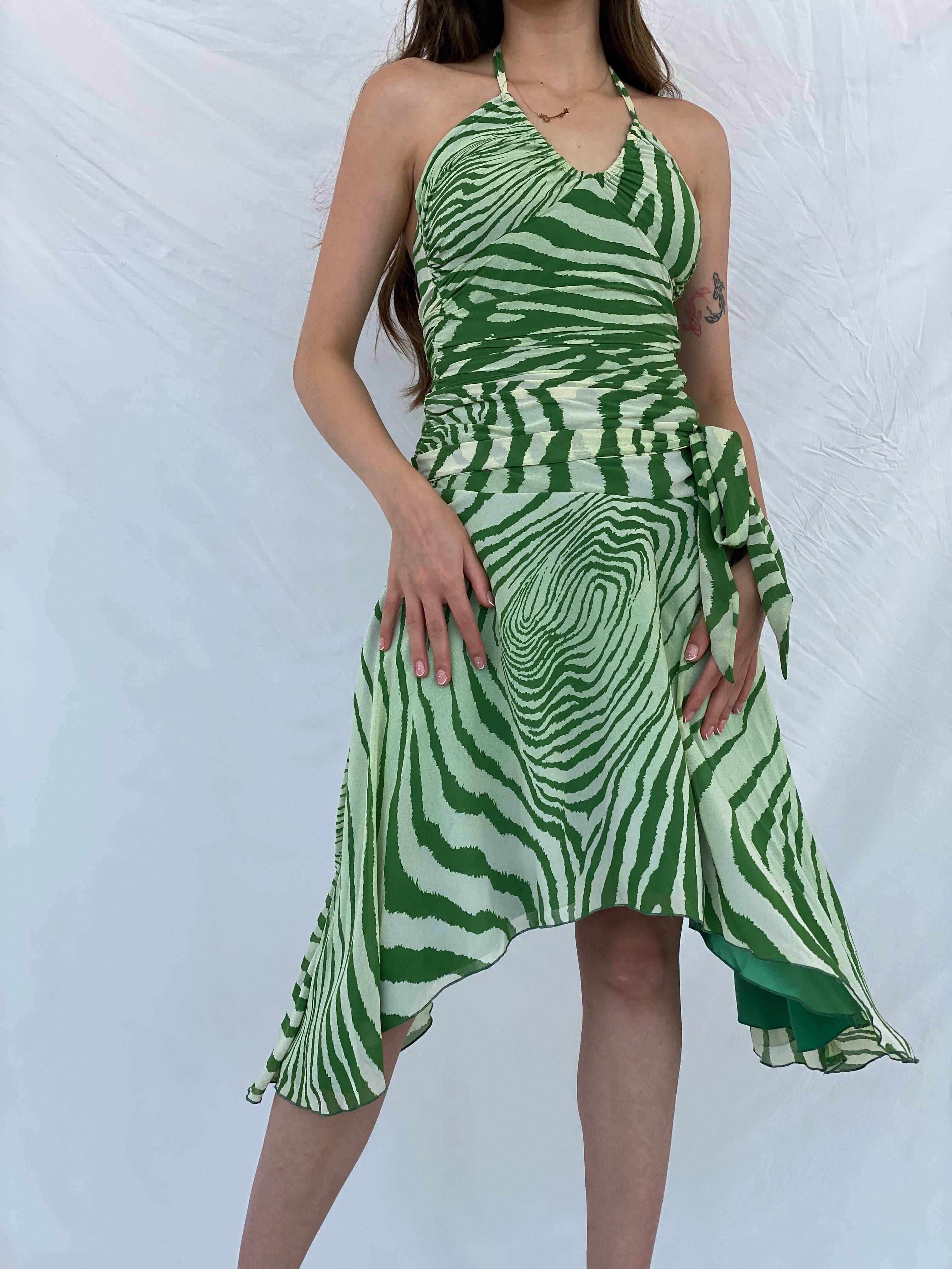 Pilgrim Green Asymmetric Zebra Print Ruched Waist Halter Dress - S - Balagan Vintage Midi Dress 00s, 90s, animal print, midi dress, Mira, silk, Wedding Guest, zebra, zebra print