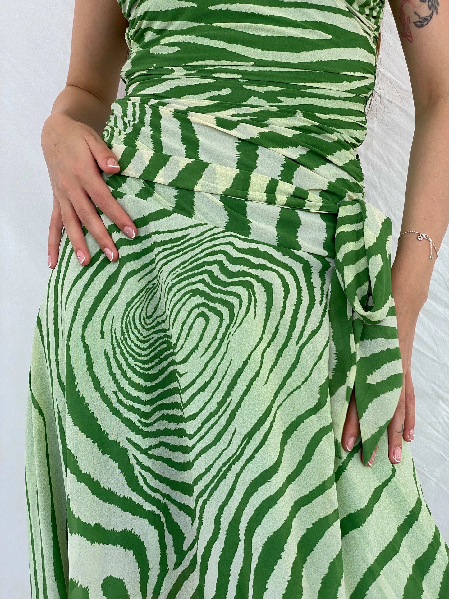 Pilgrim Green Asymmetric Zebra Print Ruched Waist Halter Dress - S - Balagan Vintage Midi Dress 00s, 90s, animal print, midi dress, Mira, silk, Wedding Guest, zebra, zebra print