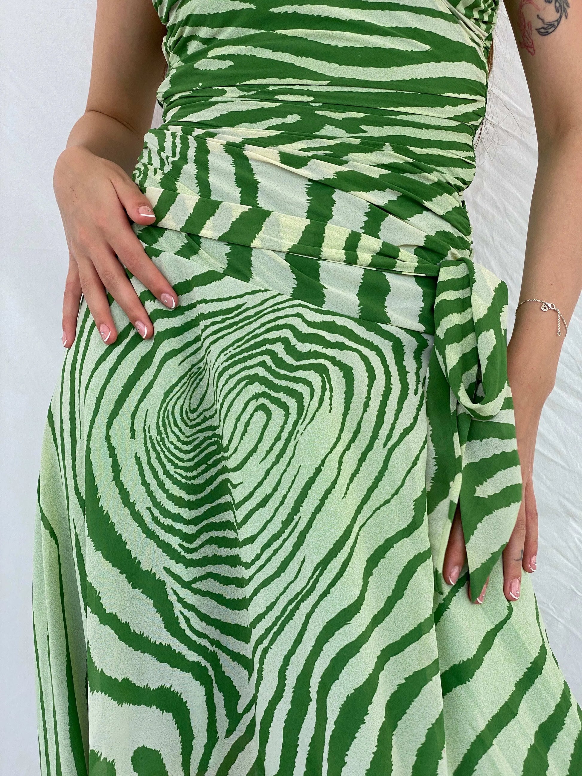 Pilgrim Green Asymmetric Zebra Print Ruched Waist Halter Dress - S - Balagan Vintage Midi Dress 00s, 90s, animal print, midi dress, Mira, silk, Wedding Guest, zebra, zebra print