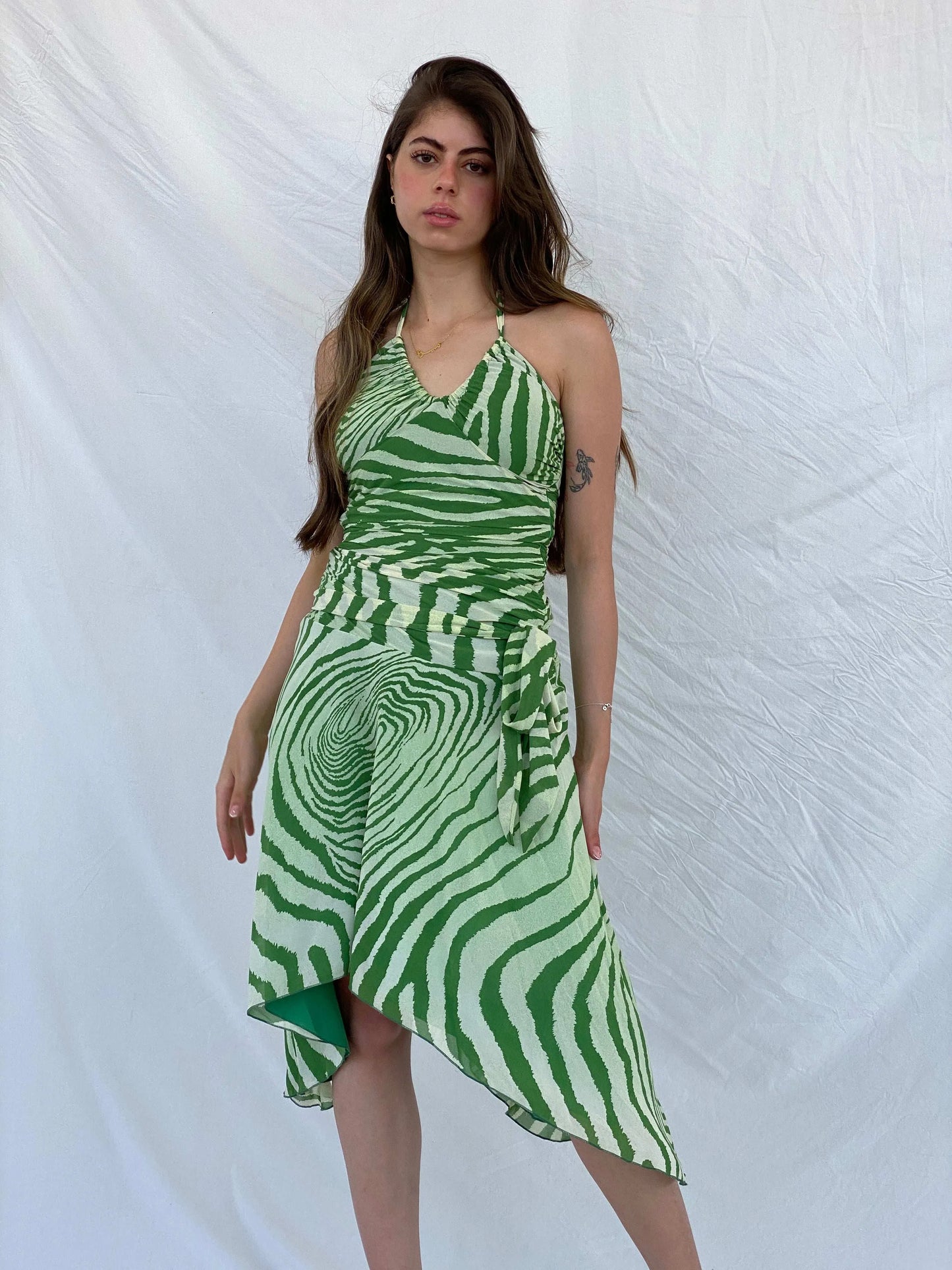 Pilgrim Green Asymmetric Zebra Print Ruched Waist Halter Dress - S - Balagan Vintage Midi Dress 00s, 90s, animal print, midi dress, Mira, silk, Wedding Guest, zebra, zebra print
