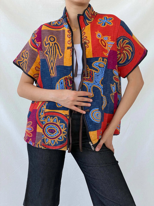 Quilted Japanese Bolero Kimono Ethnic Tribal Multicolor Jacket - L - Balagan Vintage Blazer 90s, Afro print, blazer, half sleeve blazer, Mira, winter