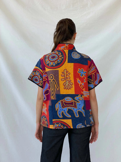 Quilted Japanese Bolero Kimono Ethnic Tribal Multicolor Jacket - L - Balagan Vintage Blazer 90s, Afro print, blazer, half sleeve blazer, Mira, winter