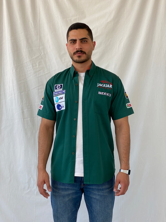Rare Vintage 2000s Jaguar Racing Beck’s F1 Motorsport Green Formula 1 Racing Shirt - L - Balagan Vintage Half Sleeve Shirt 90s, half sleeve shirt, mens shirt, NEW IN, racing jacket, Ramez, rare find, rare vintage, silk