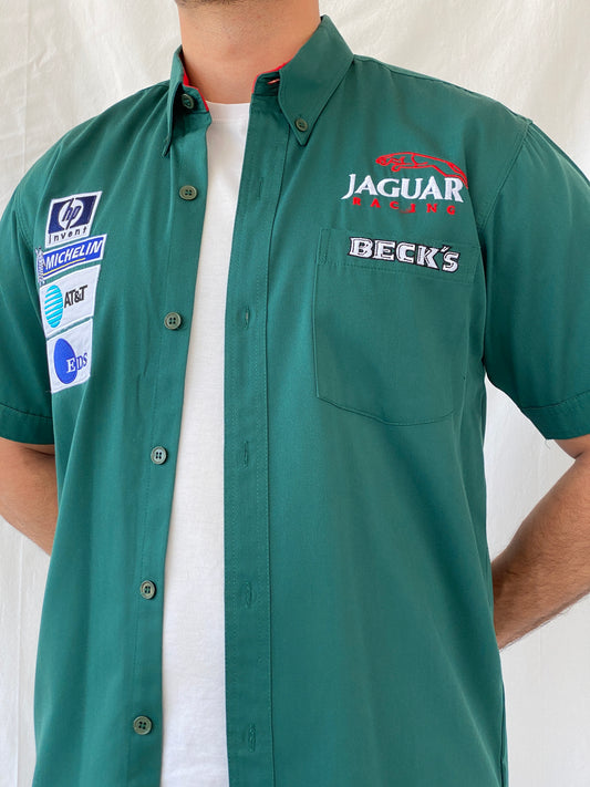 Rare Vintage 2000s Jaguar Racing Beck’s F1 Motorsport Green Formula 1 Racing Shirt - L - Balagan Vintage Half Sleeve Shirt 90s, half sleeve shirt, mens shirt, NEW IN, racing jacket, Ramez, rare find, rare vintage, silk