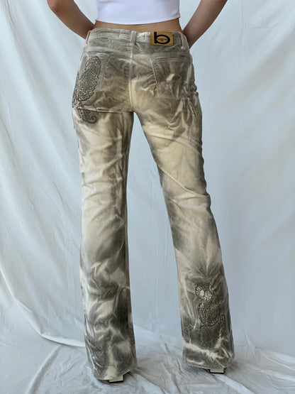 Rare Vintage Bebe Jeans Gray & Beige Tones Graphic Flared Velvet Pants - 38EUR - Balagan Vintage Pants Ayah, Deals, pants, rare find, rare vintage, vintage pants, women pants
