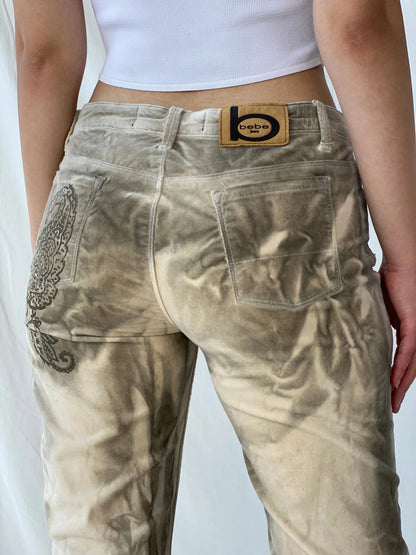 Rare Vintage Bebe Jeans Gray & Beige Tones Graphic Flared Velvet Pants - 38EUR - Balagan Vintage Pants Ayah, Deals, pants, rare find, rare vintage, vintage pants, women pants