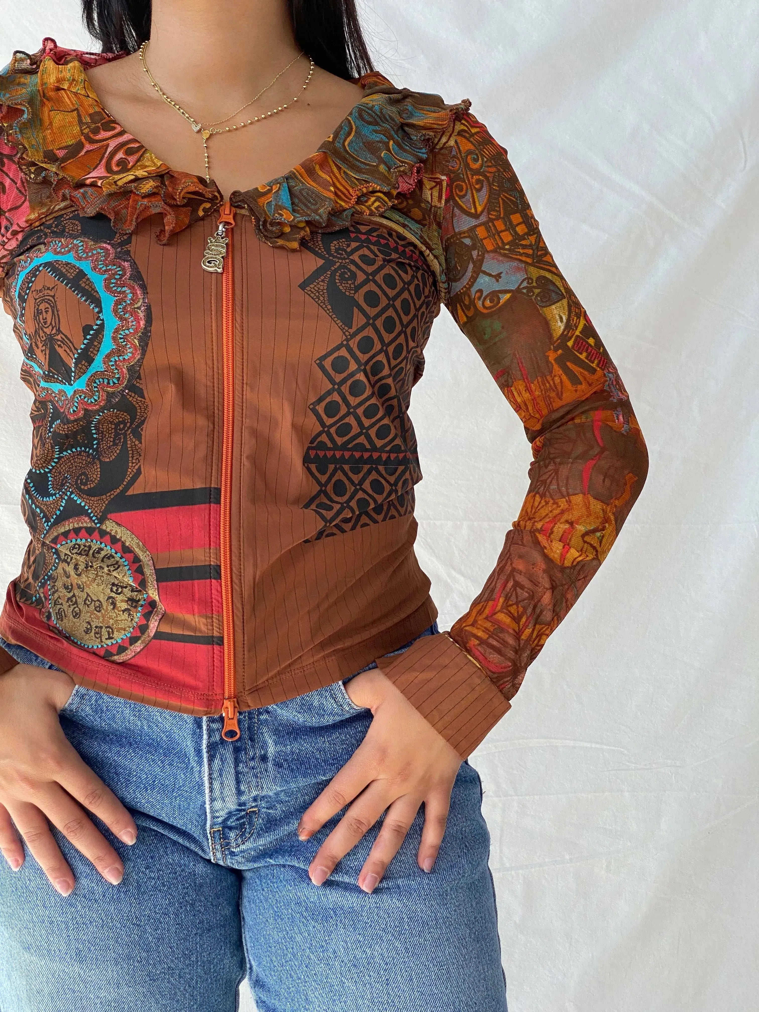Rare Vintage Save The Queen Graphic Multicolored Zip Up Mesh Top - M - Balagan Vintage Full Sleeve Top 00s, Deals, full sleeve top, Lana, save the queen, summer