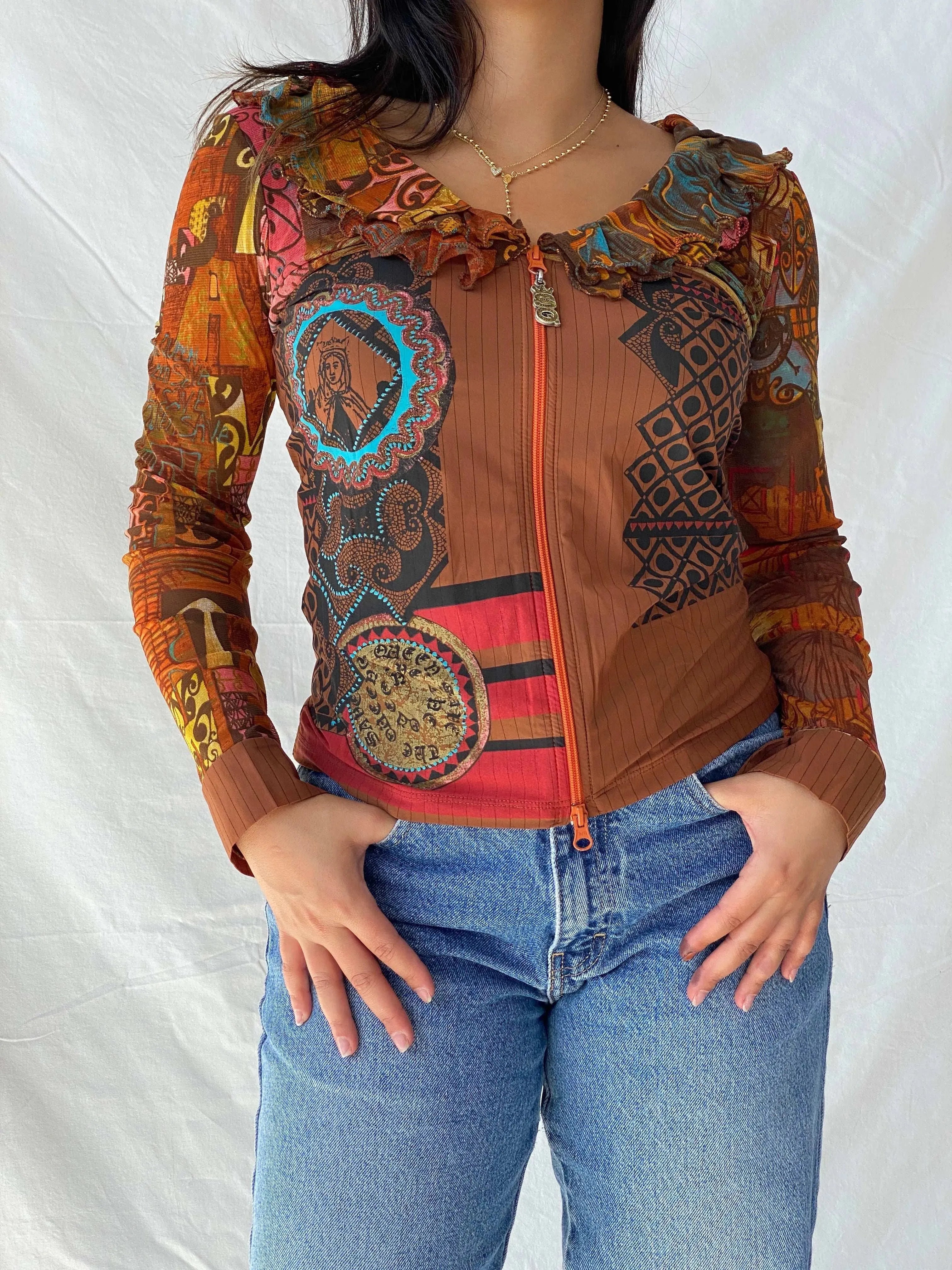 Rare Vintage Save The Queen Graphic Multicolored Zip Up Mesh Top - M - Balagan Vintage Full Sleeve Top 00s, Deals, full sleeve top, Lana, save the queen, summer