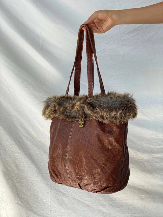 Red By Marc Ecko Faux Fur Trimmed Tote Bag - Balagan Vintage Shoulder Bag bag, handbag, shoulder bag