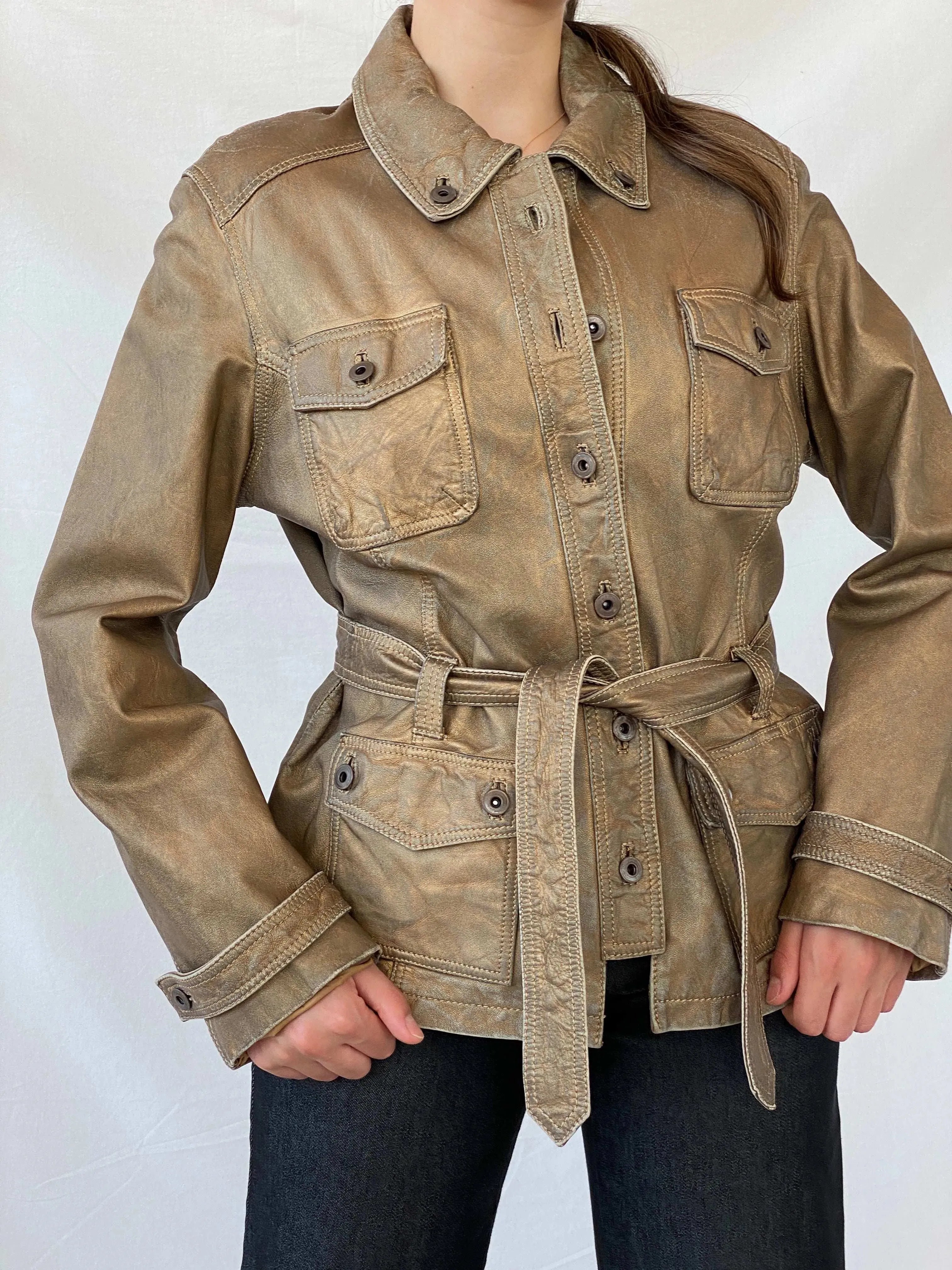 Rick Cardona Designer Metallic Bronze Genuine Leather jacket - L - Balagan Vintage Leather Jacket 90s, Coats&Jackets, Deals, genuine leather jacket, leather jacket, Mira, winter, Women's Leather Jackets