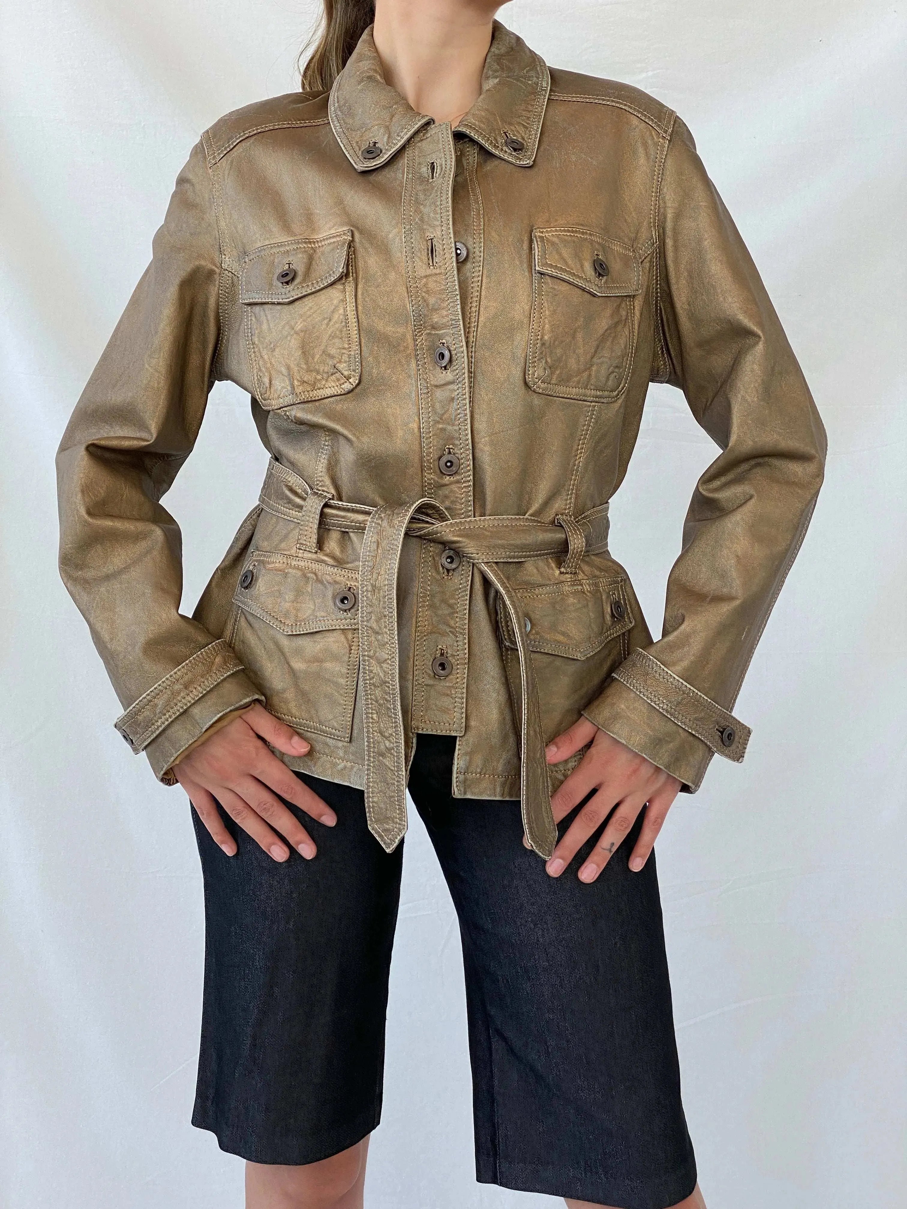 Rick Cardona Designer Metallic Bronze Genuine Leather jacket - L - Balagan Vintage Leather Jacket 90s, Coats&Jackets, Deals, genuine leather jacket, leather jacket, Mira, winter, Women's Leather Jackets