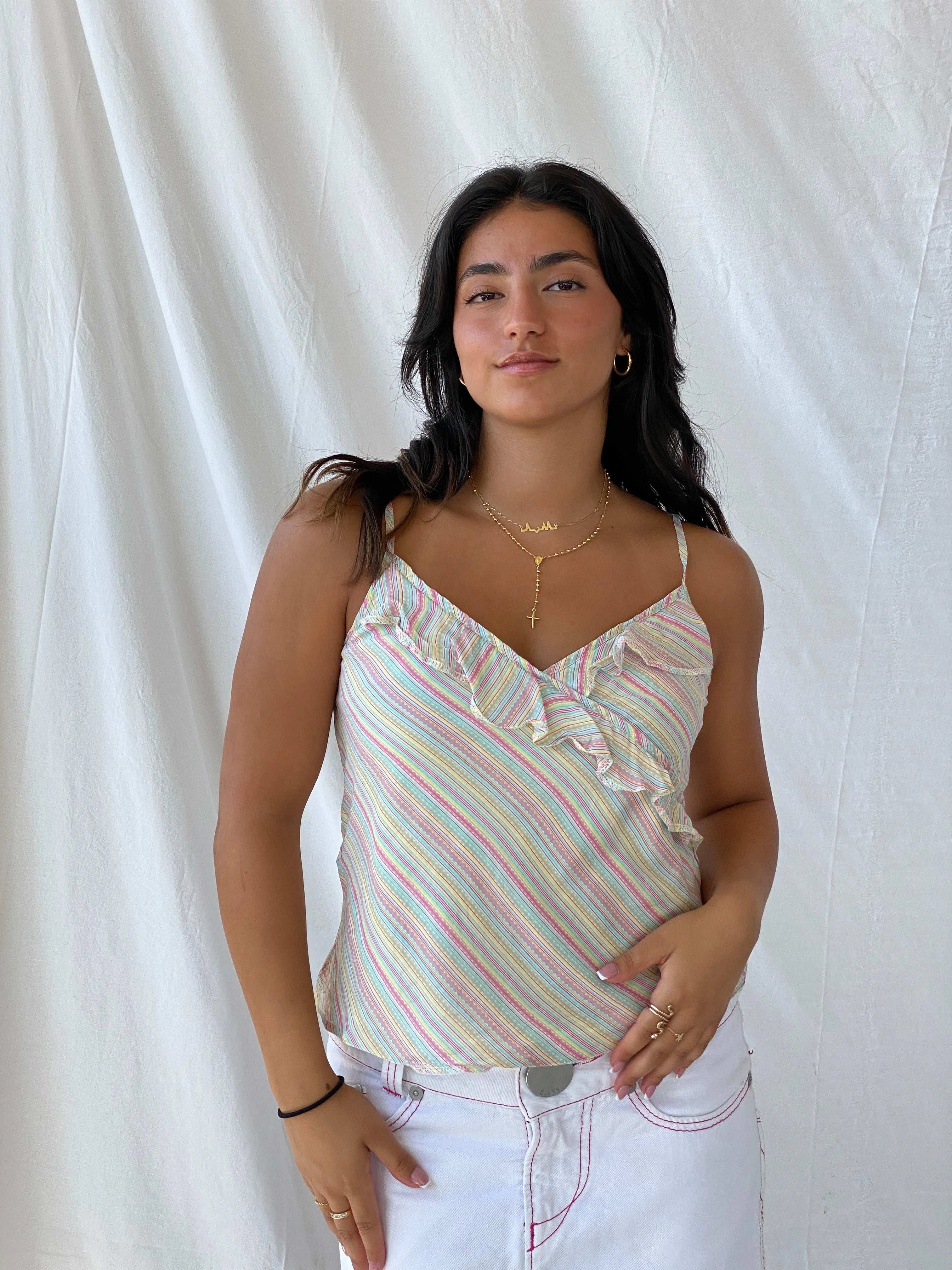 Rocha John Rocha Striped Colorful Pastel Ruffled Cami - M - Balagan Vintage Cami 00s, Cami, Lana, silk, summer