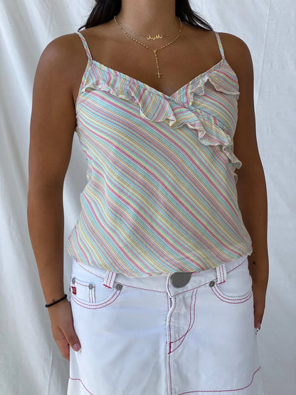 Rocha John Rocha Striped Colorful Pastel Ruffled Cami - M - Balagan Vintage Cami 00s, Cami, Lana, silk, summer