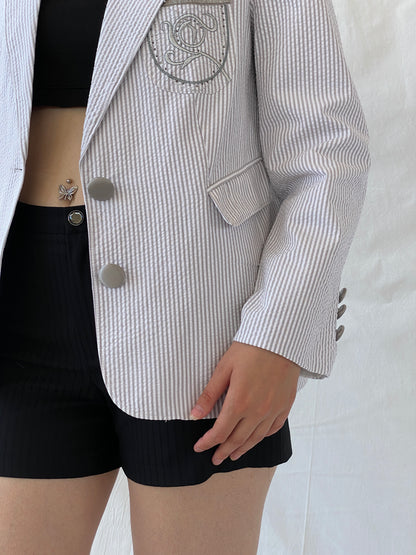 Seleste GiYim Cotton Striped Blazer Crest Patch Preppy Academic-Core Seersucker Jacket - L - Balagan Vintage Blazer 00s, Ayah, blazer, Coats&Jackets, consignment, denim, floral, full sleeve blazer, NEW IN, Shereen, winter, Women's Blazers
