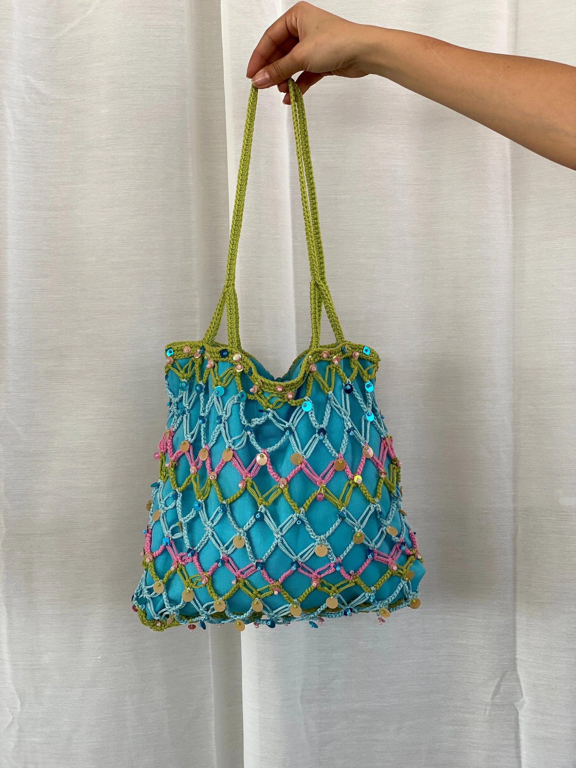 Sequin Blue Handmade Fishnet Crochet Bucket Summery Tote Bag - Balagan Vintage Shoulder Bag 90s, bag, beaded, beaded bag, shoulder bag