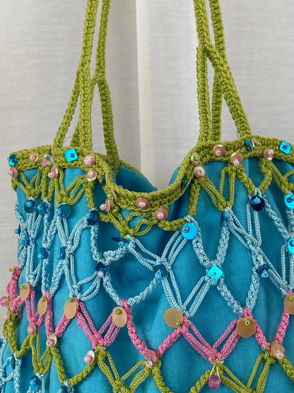 Sequin Blue Handmade Fishnet Crochet Bucket Summery Tote Bag - Balagan Vintage Shoulder Bag 90s, bag, beaded, beaded bag, shoulder bag