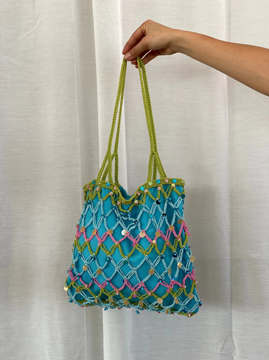 Sequin Blue Handmade Fishnet Crochet Bucket Summery Tote Bag - Balagan Vintage Shoulder Bag 90s, bag, beaded, beaded bag, shoulder bag