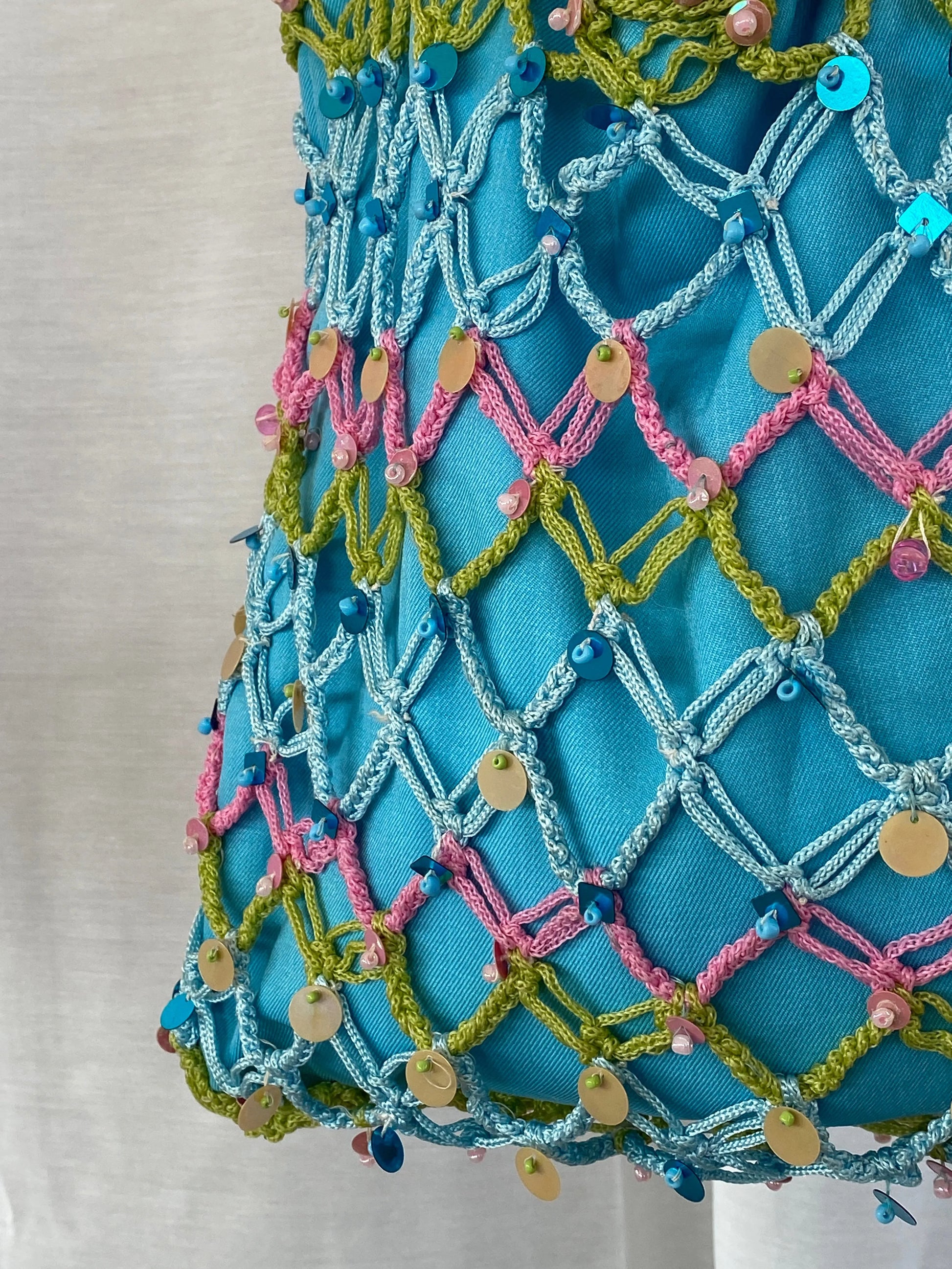 Sequin Blue Handmade Fishnet Crochet Bucket Summery Tote Bag - Balagan Vintage Shoulder Bag 90s, bag, beaded, beaded bag, shoulder bag