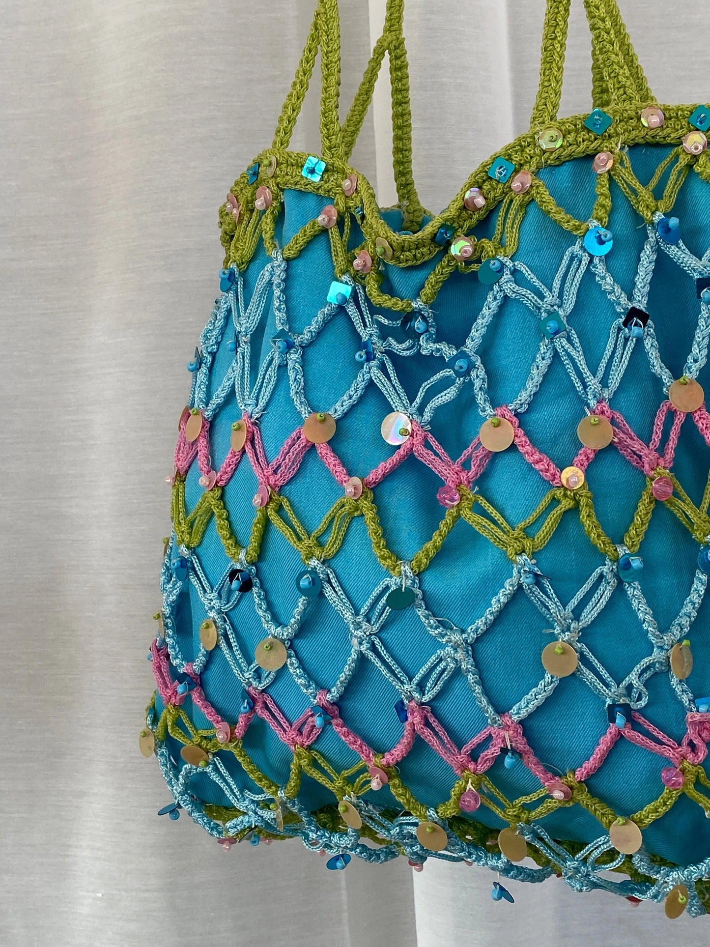 Sequin Blue Handmade Fishnet Crochet Bucket Summery Tote Bag - Balagan Vintage Shoulder Bag 90s, bag, beaded, beaded bag, shoulder bag