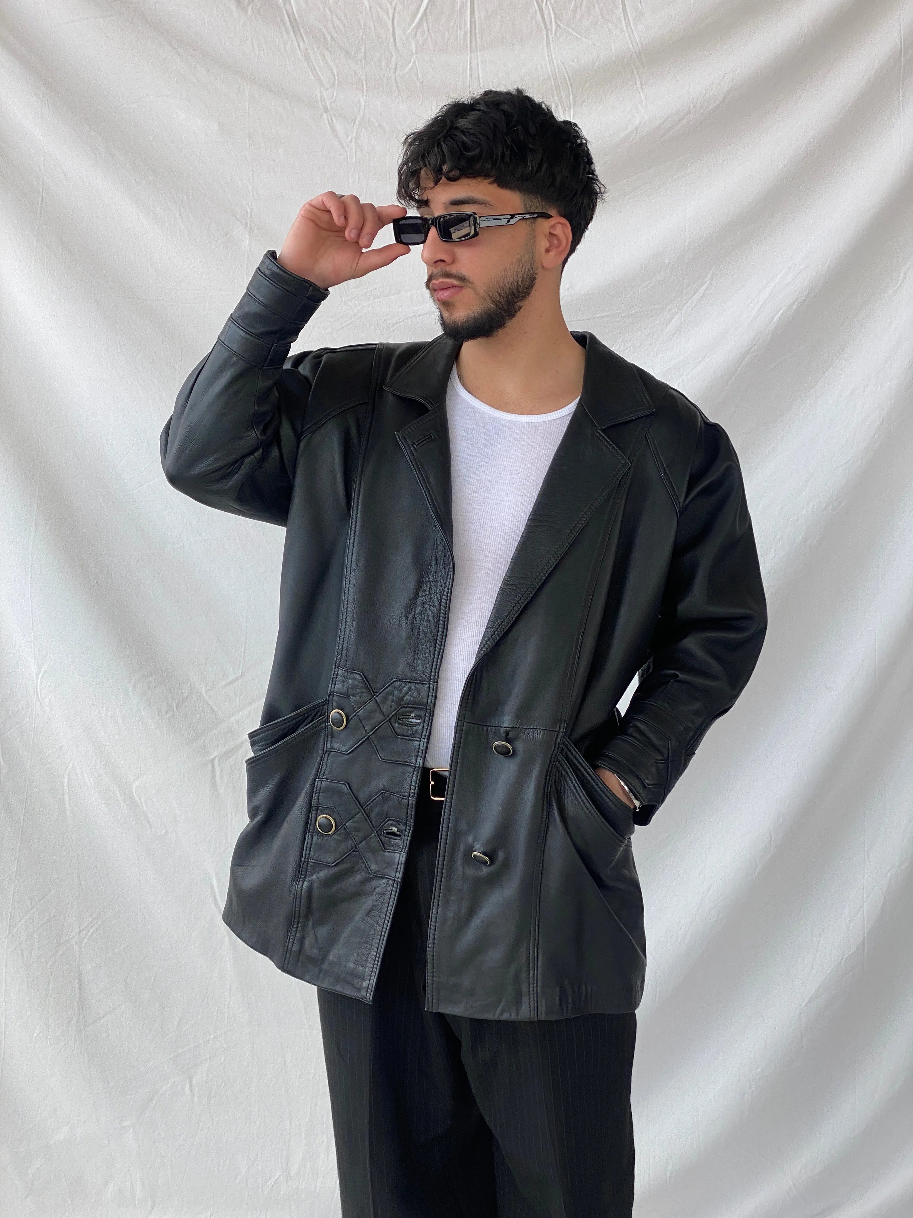 Statement 90s Vintage Genuine Italian Black Leather Coat with Geometric Details - L - Balagan Vintage Leather Jacket 90s, consignment, Farah, genuine leather, genuine leather jacket, Hamza, leather blazer, winter