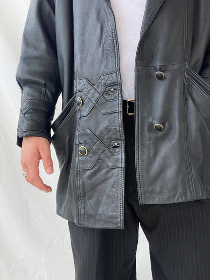 Statement 90s Vintage Genuine Italian Black Leather Coat with Geometric Details - L - Balagan Vintage Leather Jacket 90s, consignment, Farah, genuine leather, genuine leather jacket, Hamza, leather blazer, winter