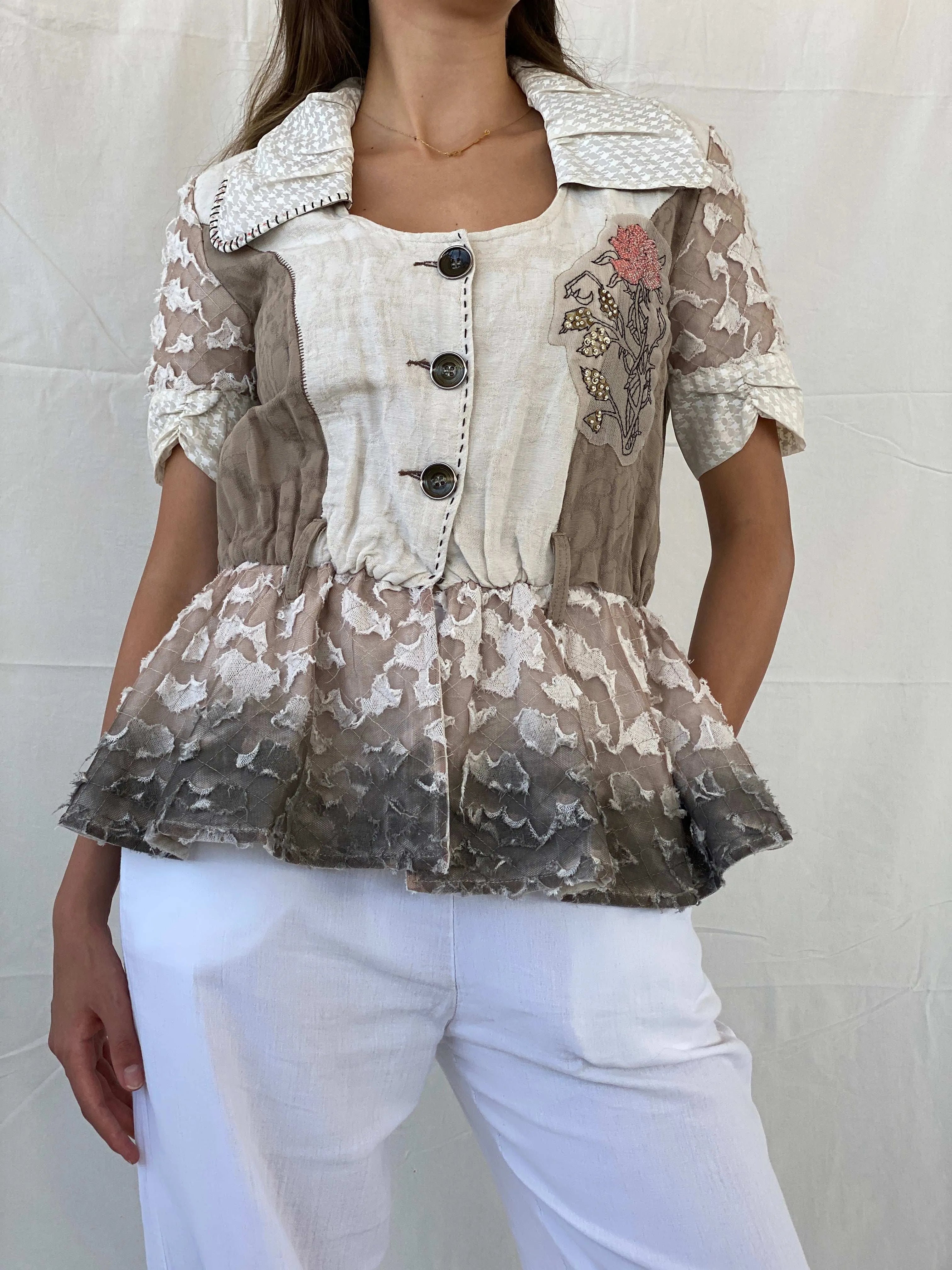 Statement Angels Never Die Linen Lace Blend Embellished Blazer - L - Balagan Vintage Half Sleeve Blazer 90s, blazer, Coats&Jackets, Deals, full sleeve blazer, Mira, winter, Women's Blazers