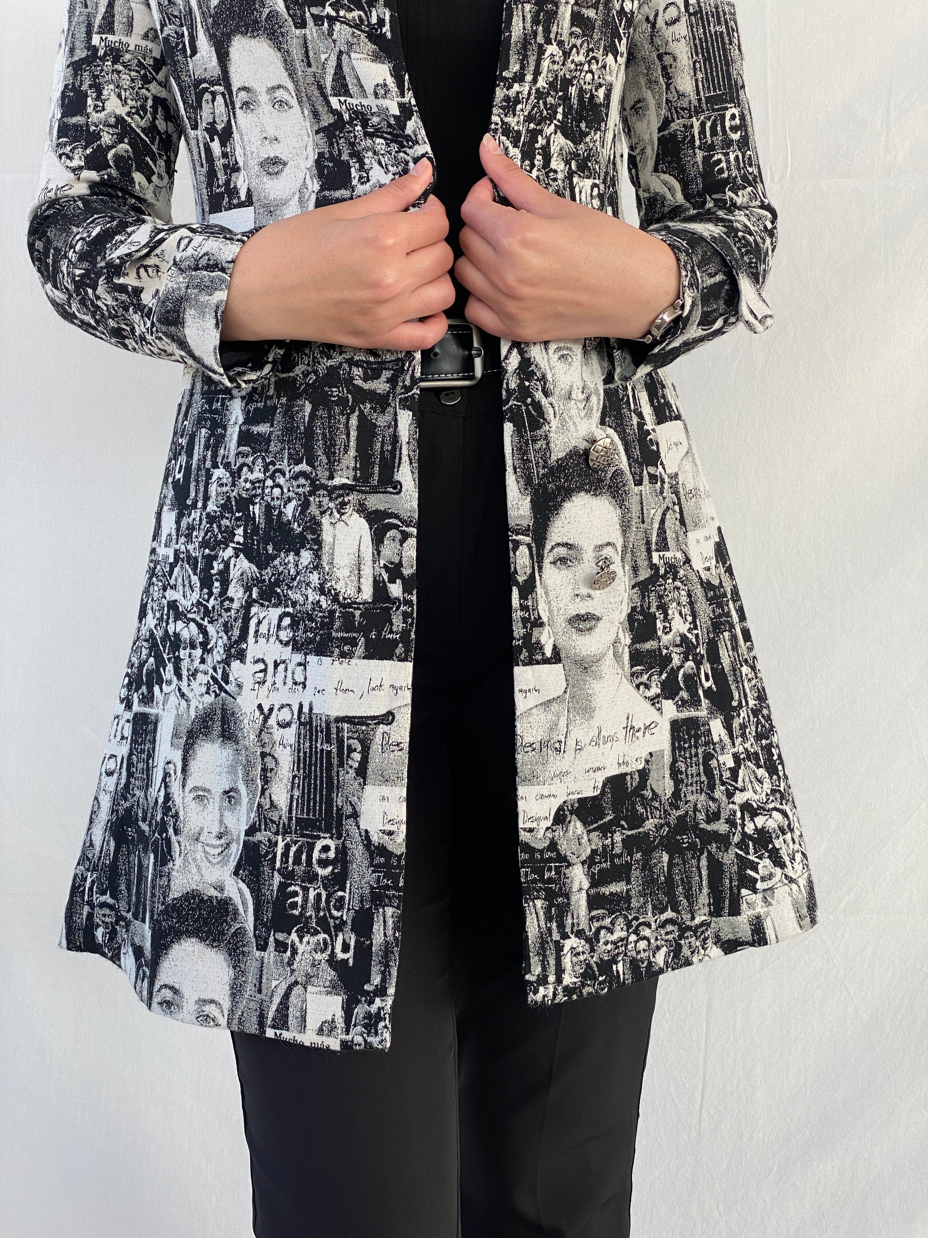 Statement Desigual Graphic Black and White Women’s Trench Coat - M - Balagan Vintage Coat 00s, Ayah, coat, graphic