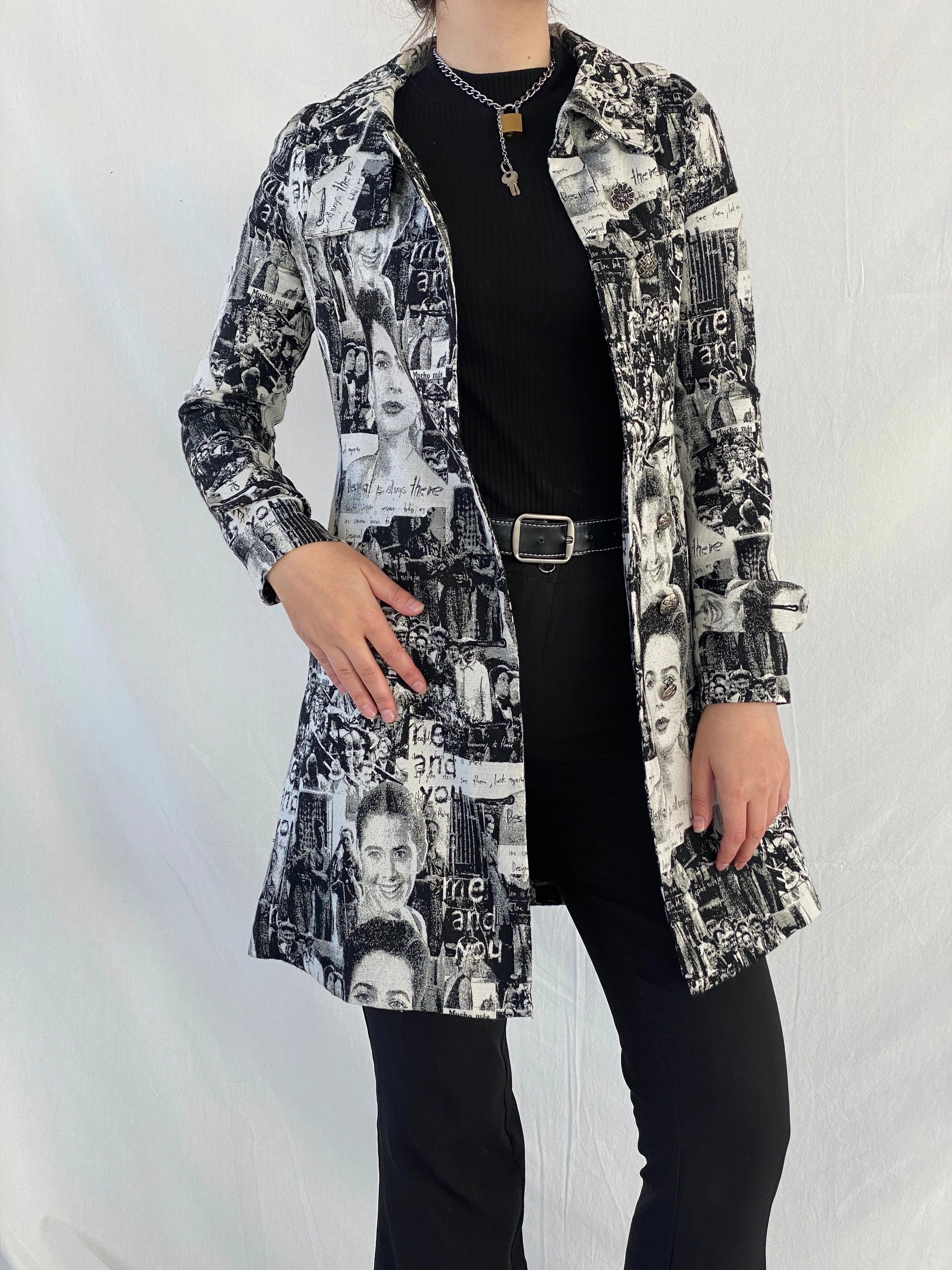 Statement Desigual Graphic Black and White Women’s Trench Coat - M - Balagan Vintage Coat 00s, Ayah, coat, Coats&Jackets, graphic, Women's Coats