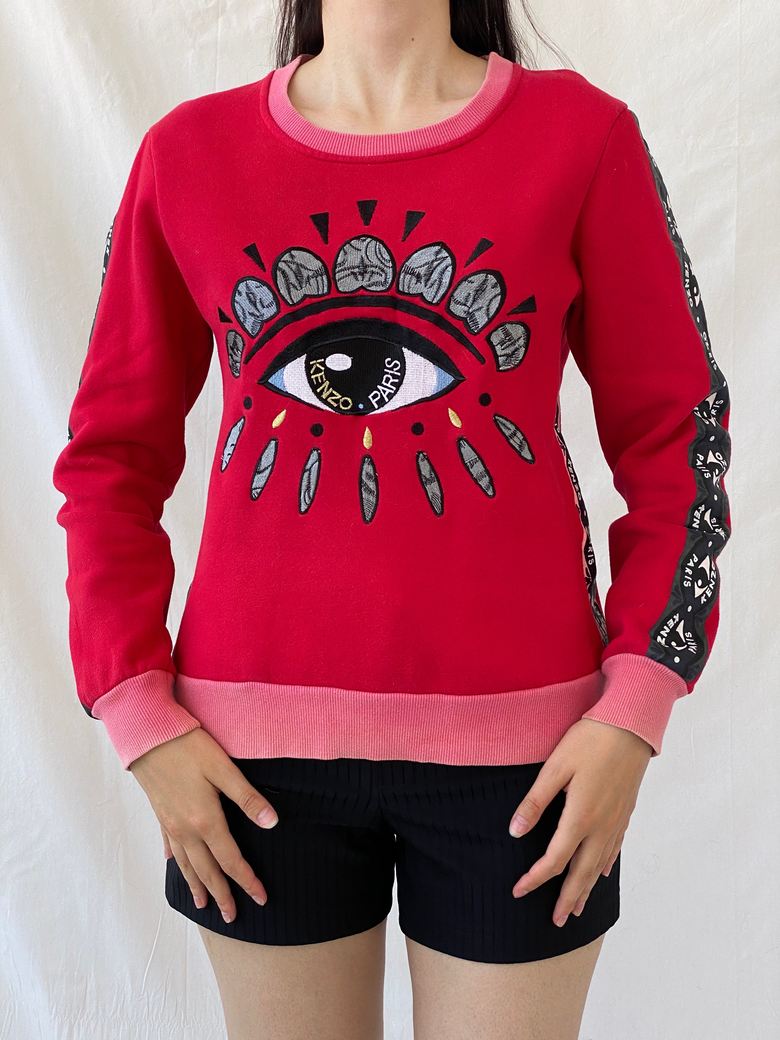Statement Kenzo Paris Red Fleece Eye Print Sweater Crew Neck Cotton Sweatshirt - S - Balagan Vintage Sweater 00s, Ayah, consignment, cotton, Hala, kenzo, winter, women top
