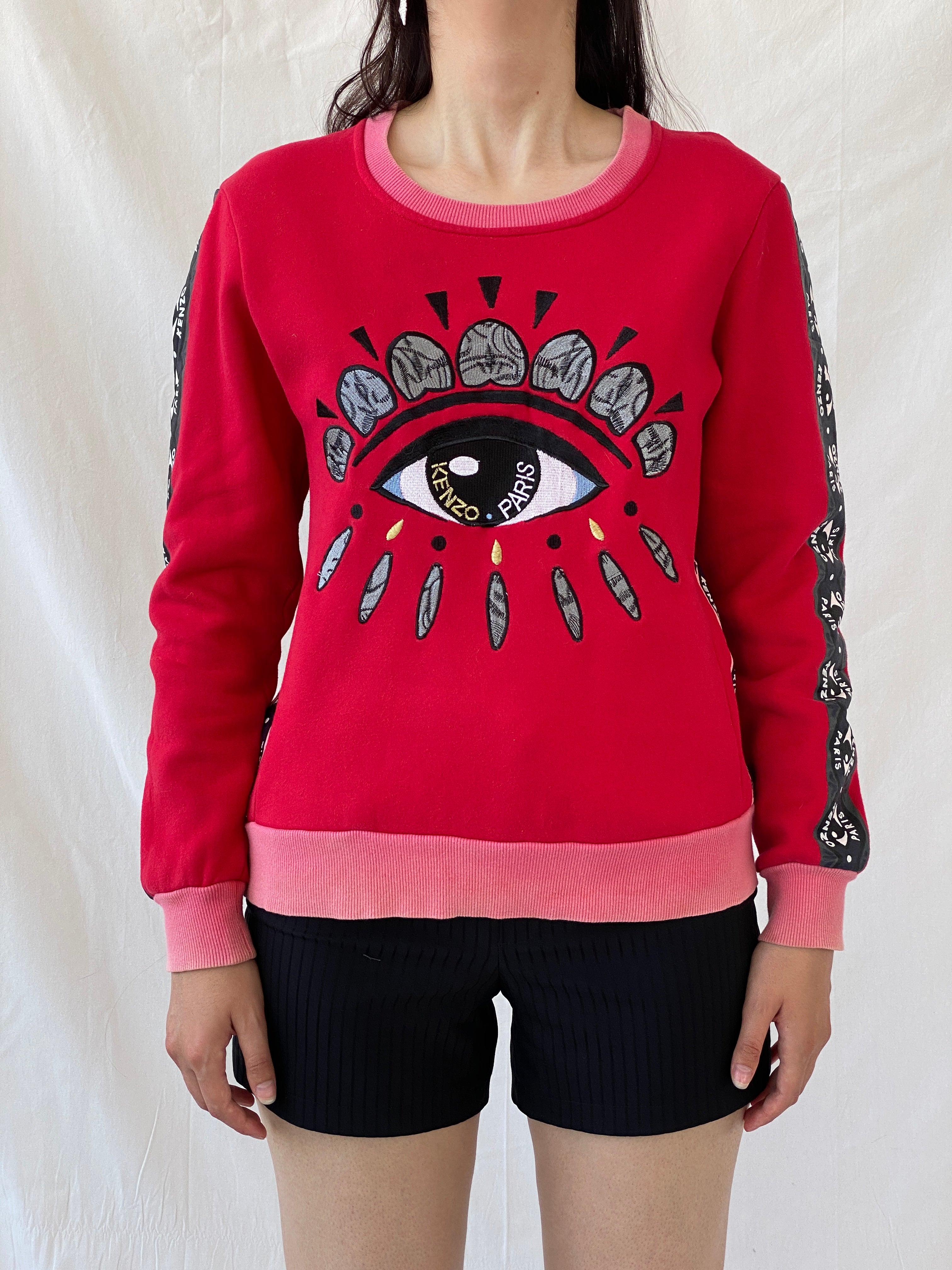 Statement Kenzo Paris Red Fleece Eye Print Sweater Crew Neck Cotton Sweatshirt - S - Balagan Vintage Sweater 00s, Ayah, consignment, cotton, Hala, kenzo, winter, women top