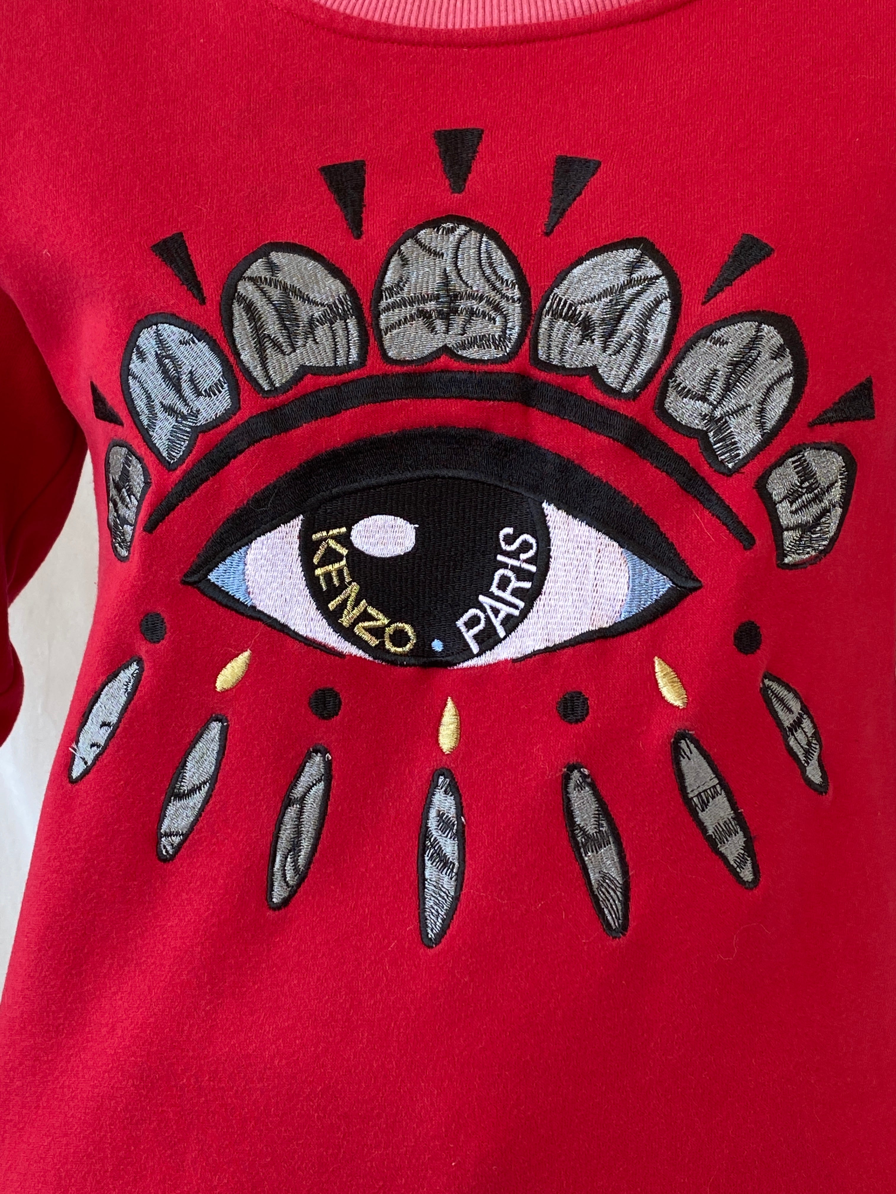 Statement Kenzo Paris Red Fleece Eye Print Sweater Crew Neck Cotton Sweatshirt - S - Balagan Vintage Sweater 00s, Ayah, consignment, cotton, Hala, kenzo, winter, women top