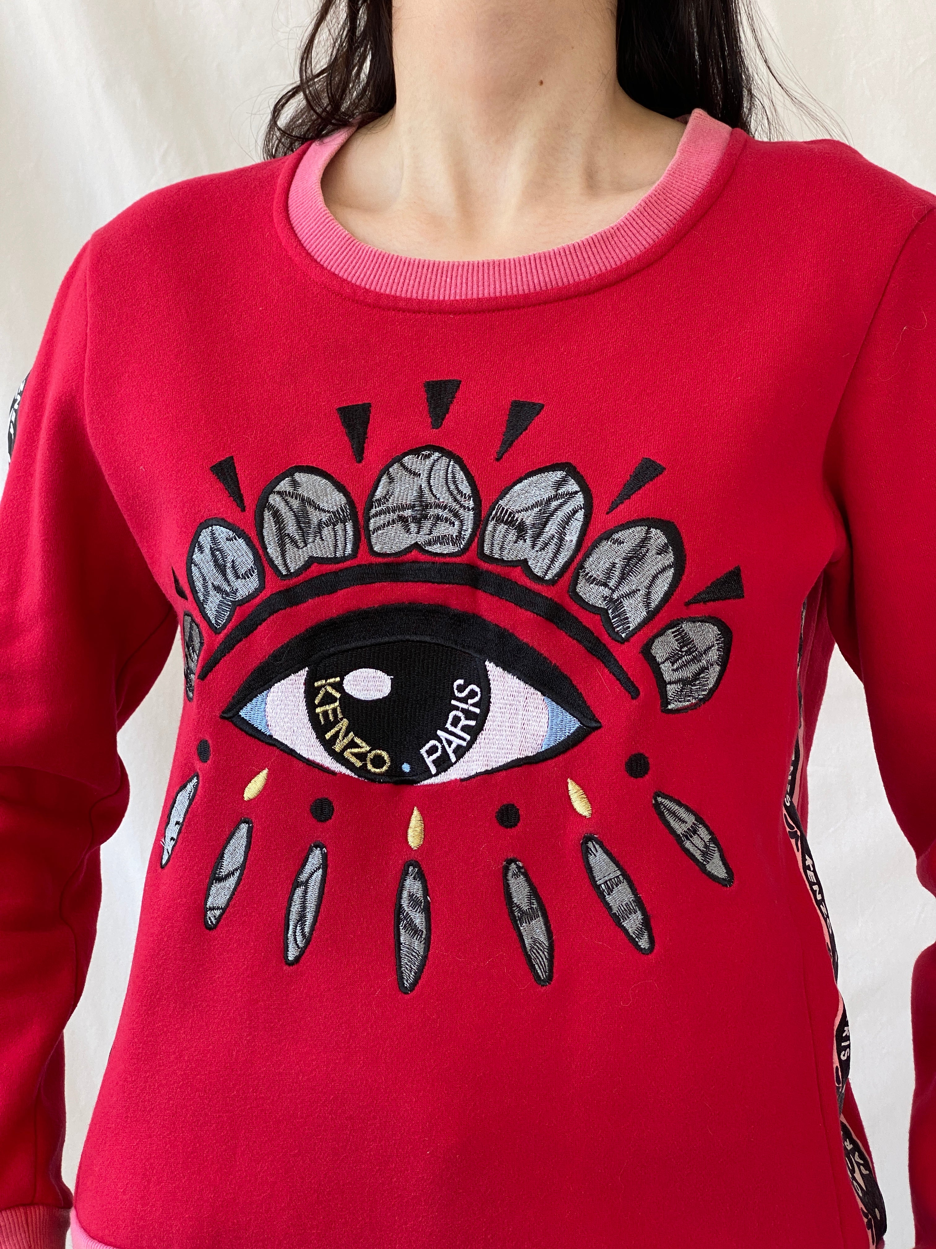 Statement Kenzo Paris Red Fleece Eye Print Sweater Crew Neck Cotton Sweatshirt - S - Balagan Vintage Sweater 00s, Ayah, consignment, cotton, Hala, kenzo, winter, women top