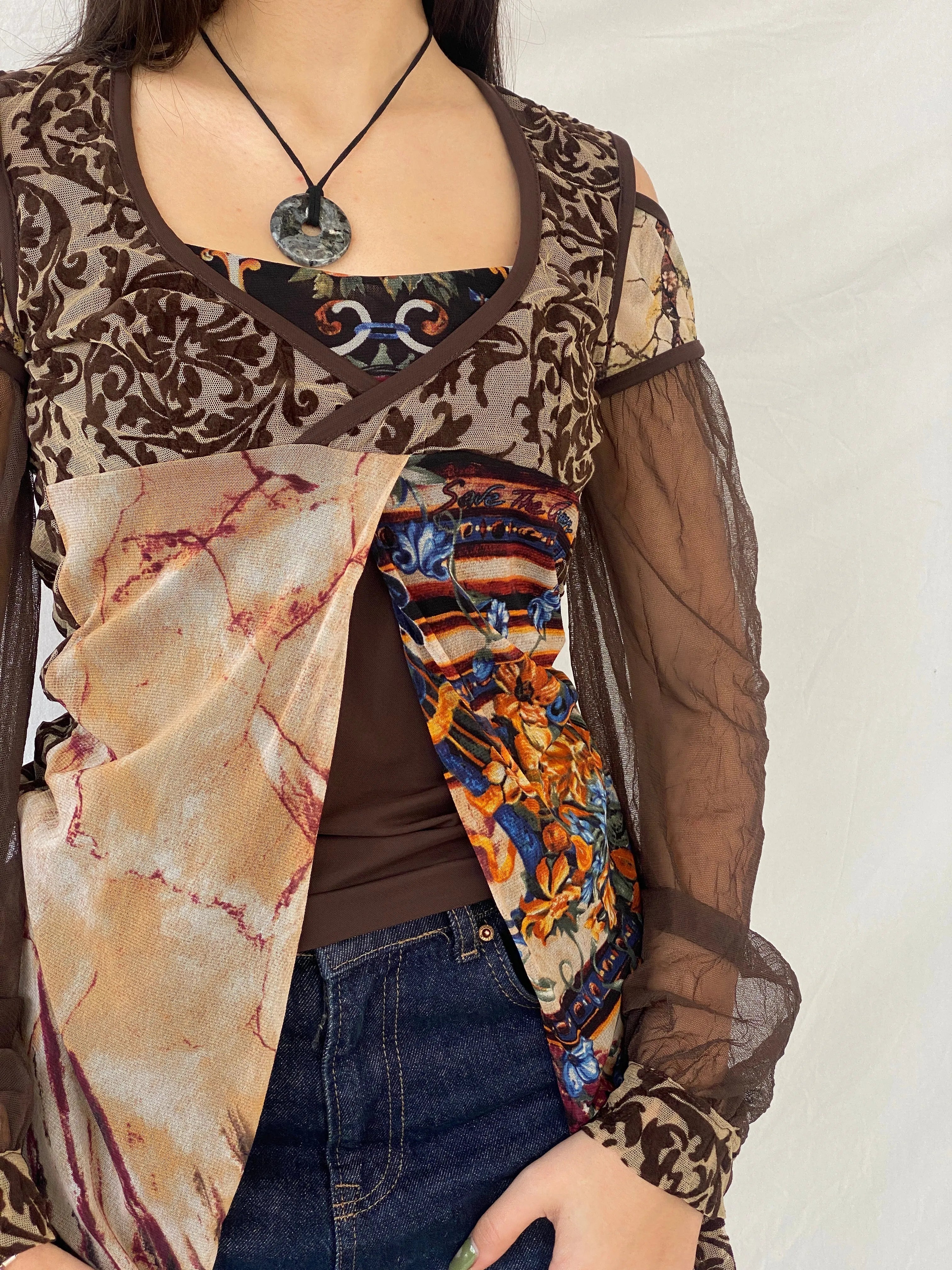 Statement Save The Queen Brown Long Sheer Sleeves Asymmetric Top - M - Balagan Vintage Full Sleeve Top 00s, consignment, Danadabbas, full sleeve top, rare find, rare vintage, save the queen, Syntia, women top