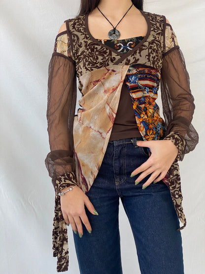 Statement Save The Queen Brown Long Sheer Sleeves Asymmetric Top - M - Balagan Vintage Full Sleeve Top 00s, consignment, Danadabbas, full sleeve top, rare find, rare vintage, save the queen, Syntia, women top