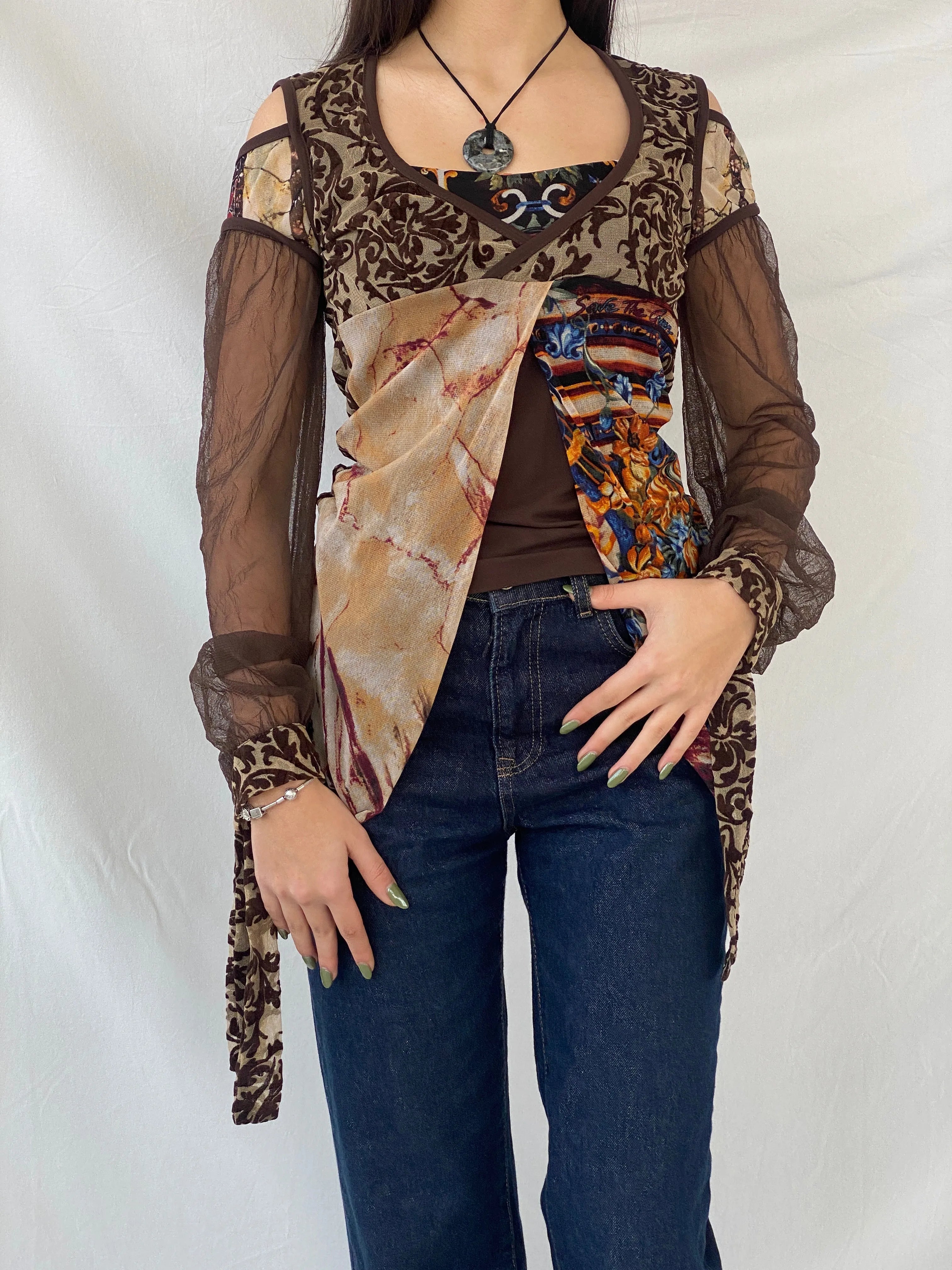 Statement Save The Queen Brown Long Sheer Sleeves Asymmetric Top - M - Balagan Vintage Full Sleeve Top 00s, consignment, Danadabbas, full sleeve top, rare find, rare vintage, save the queen, Syntia, women top