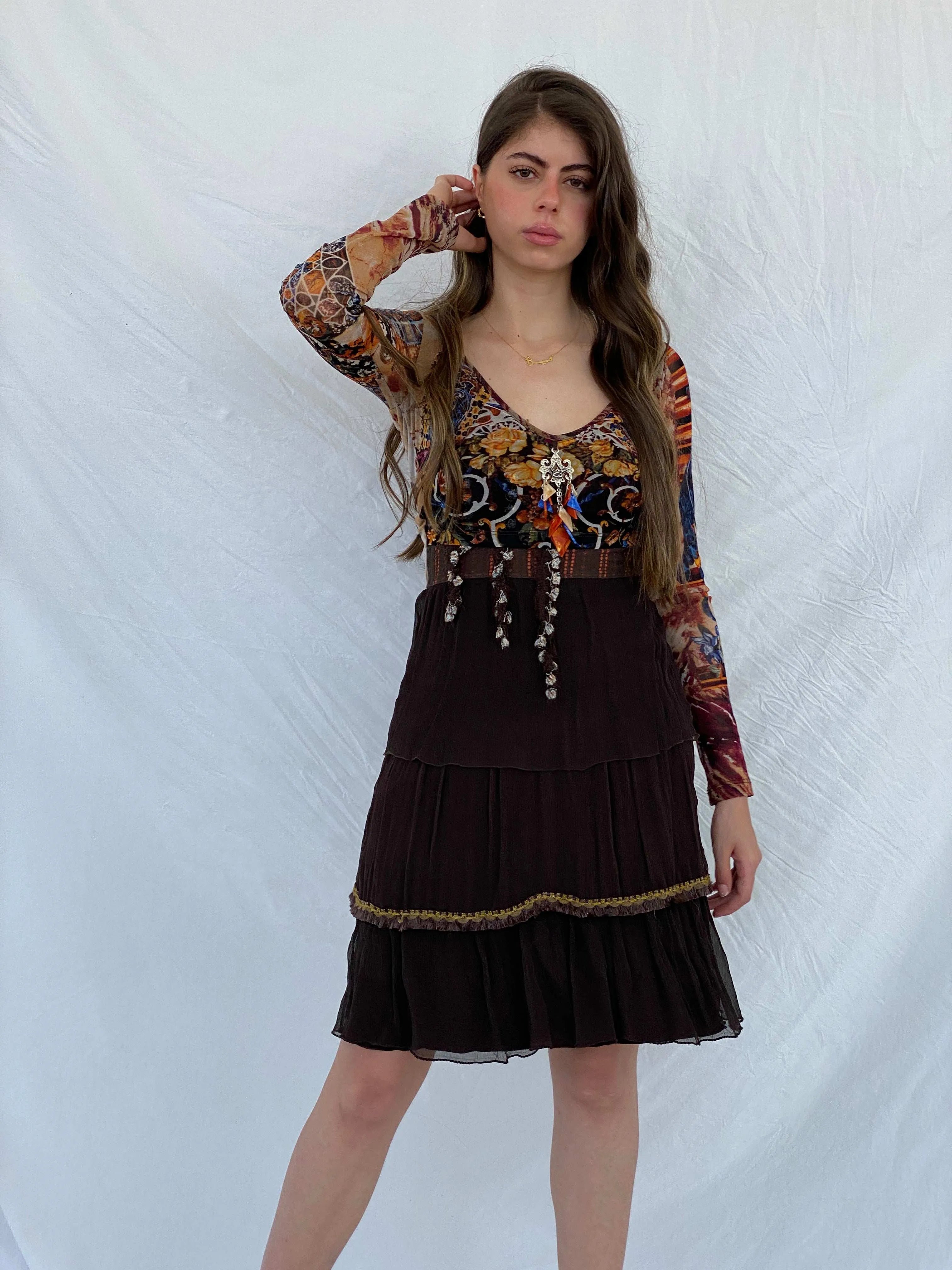 Statement Save The Queen Printed Brown Tulle-Ruffled Midi Dress - M - Balagan Vintage Midi Dress 00s, 90s, 90s dress, floral dress, midi dress, Mira, save the queen