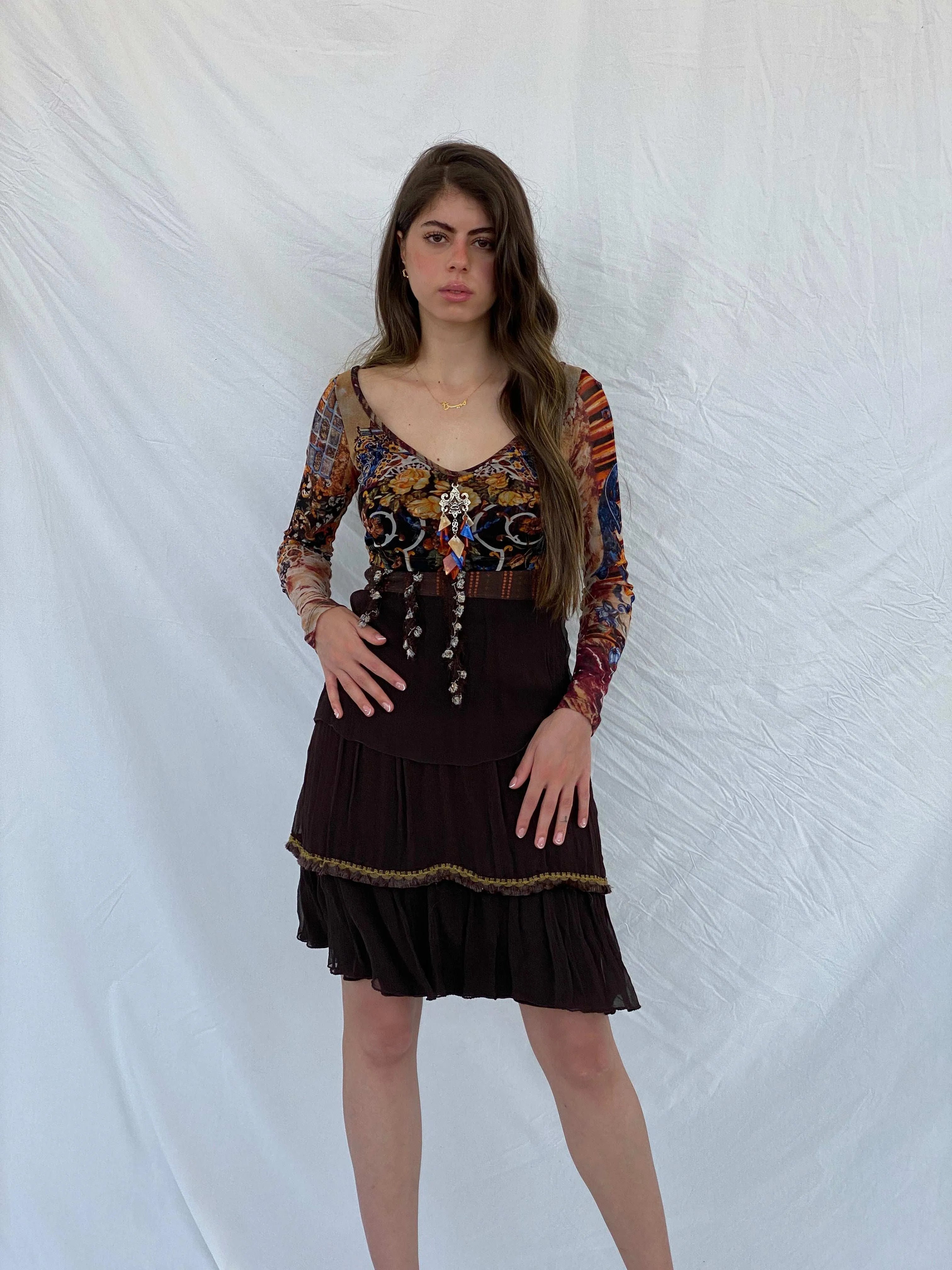 Statement Save The Queen Printed Brown Tulle-Ruffled Midi Dress - M - Balagan Vintage Midi Dress 00s, 90s, 90s dress, floral dress, midi dress, Mira, save the queen