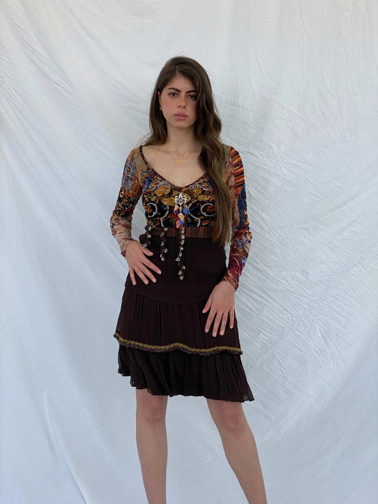 Statement Save The Queen Printed Brown Tulle-Ruffled Midi Dress - M - Balagan Vintage Midi Dress 00s, 90s, 90s dress, floral dress, midi dress, Mira, save the queen