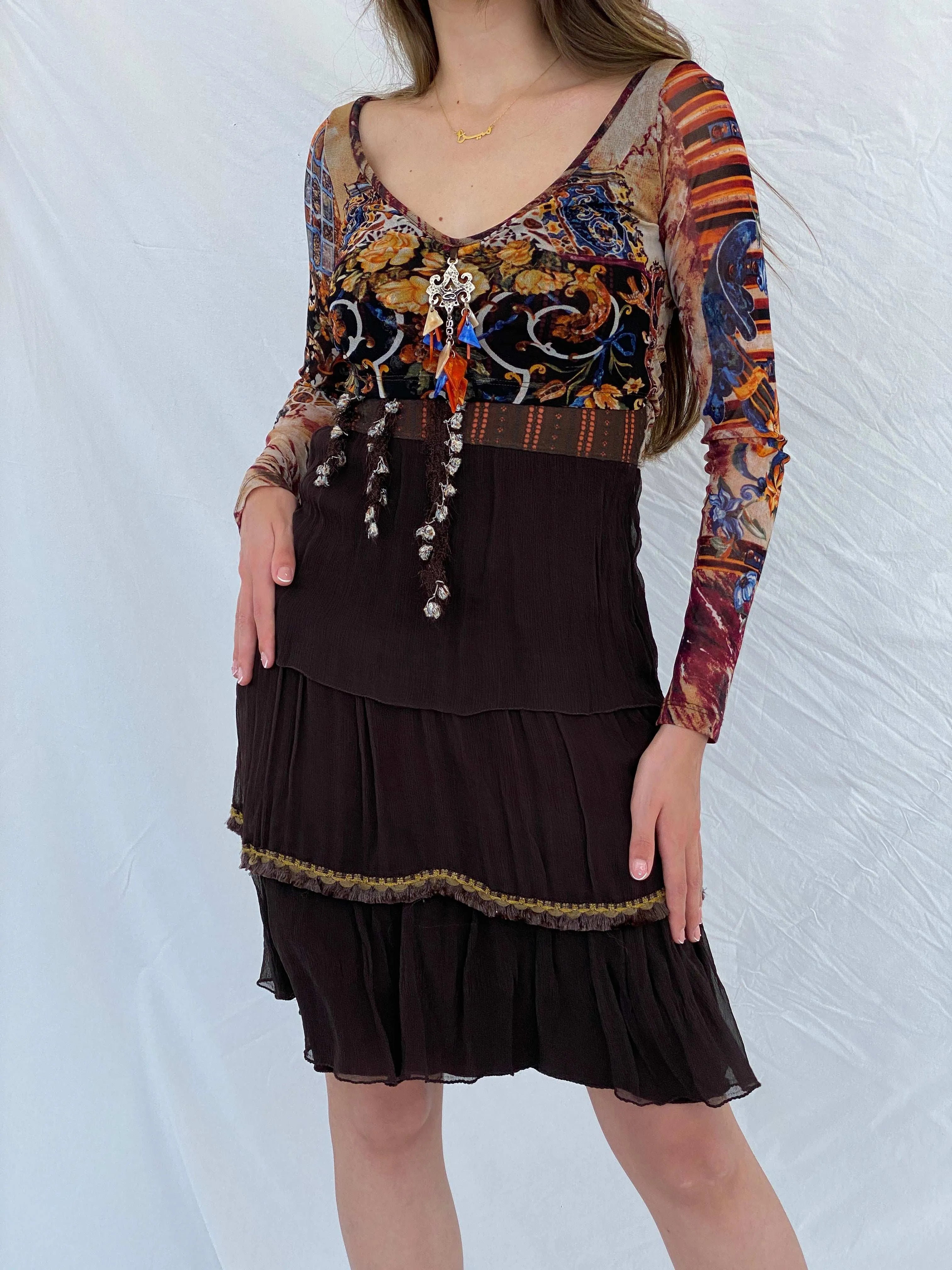 Statement Save The Queen Printed Brown Tulle-Ruffled Midi Dress - M - Balagan Vintage Midi Dress 00s, 90s, 90s dress, floral dress, midi dress, Mira, save the queen