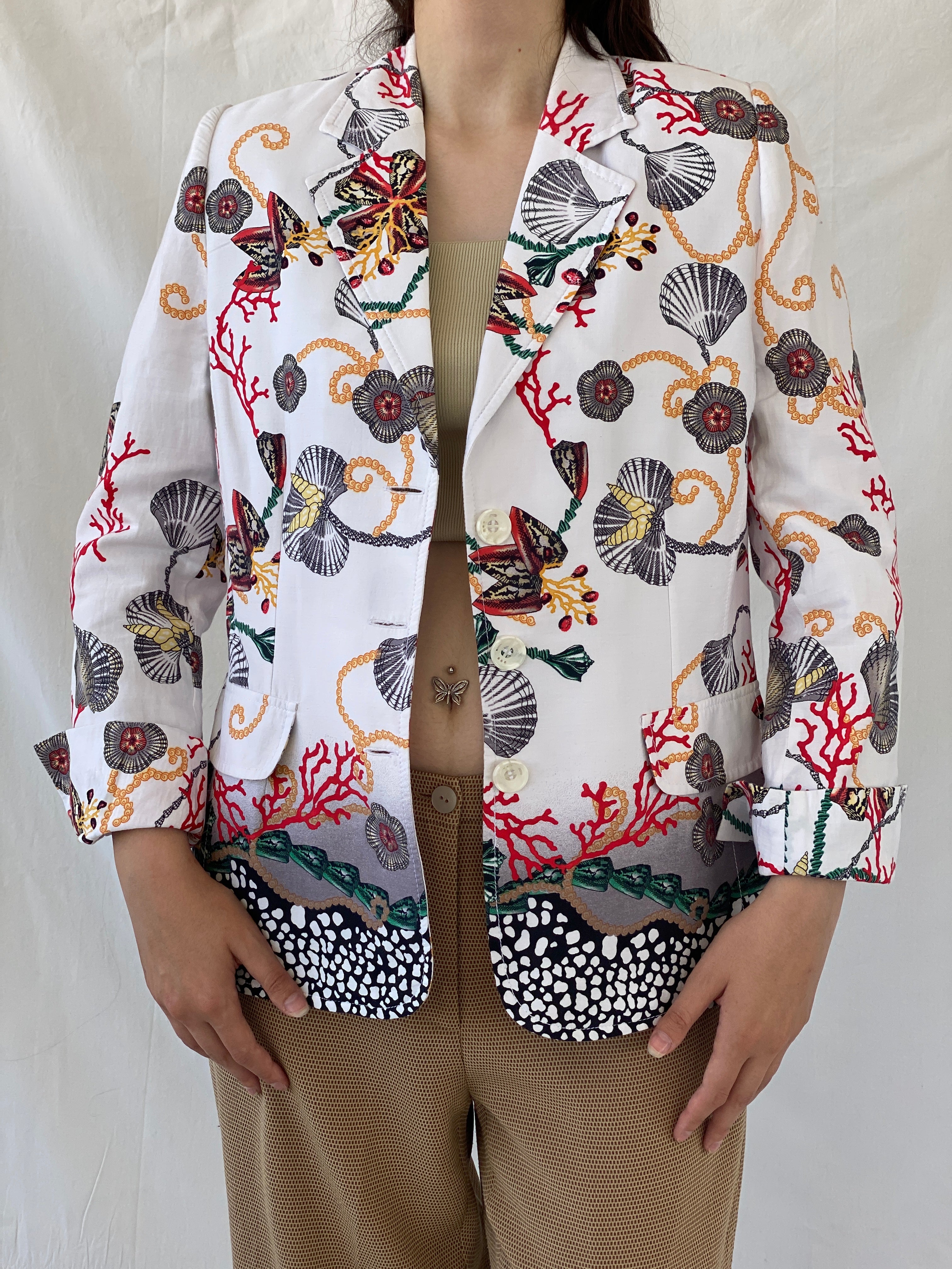 Statement SELMA Ivory Multicolor Seashell Red Coral Printed Cotton Blazer - XL - Balagan Vintage Blazer 00s, Ayah, blazer, consignment, NEW IN, Shereen, striped