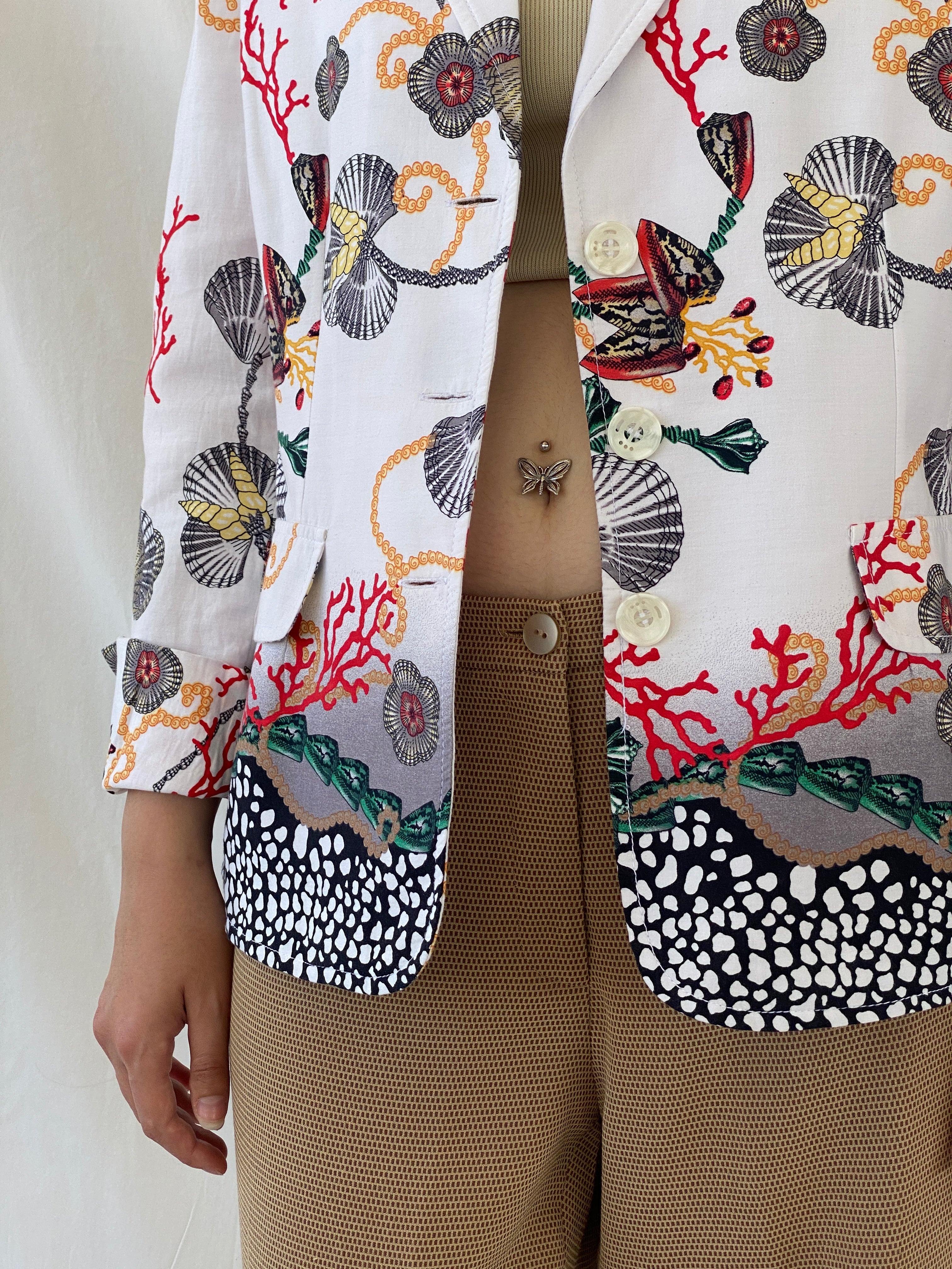 Statement SELMA Ivory Multicolor Seashell Red Coral Printed Cotton Blazer - XL - Balagan Vintage Blazer 00s, Ayah, blazer, consignment, NEW IN, Shereen, striped
