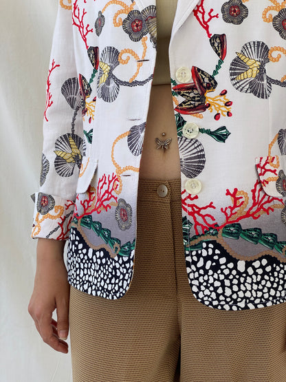 Statement SELMA Ivory Multicolor Seashell Red Coral Printed Cotton Blazer - XL - Balagan Vintage Blazer 00s, Ayah, blazer, consignment, NEW IN, Shereen, striped