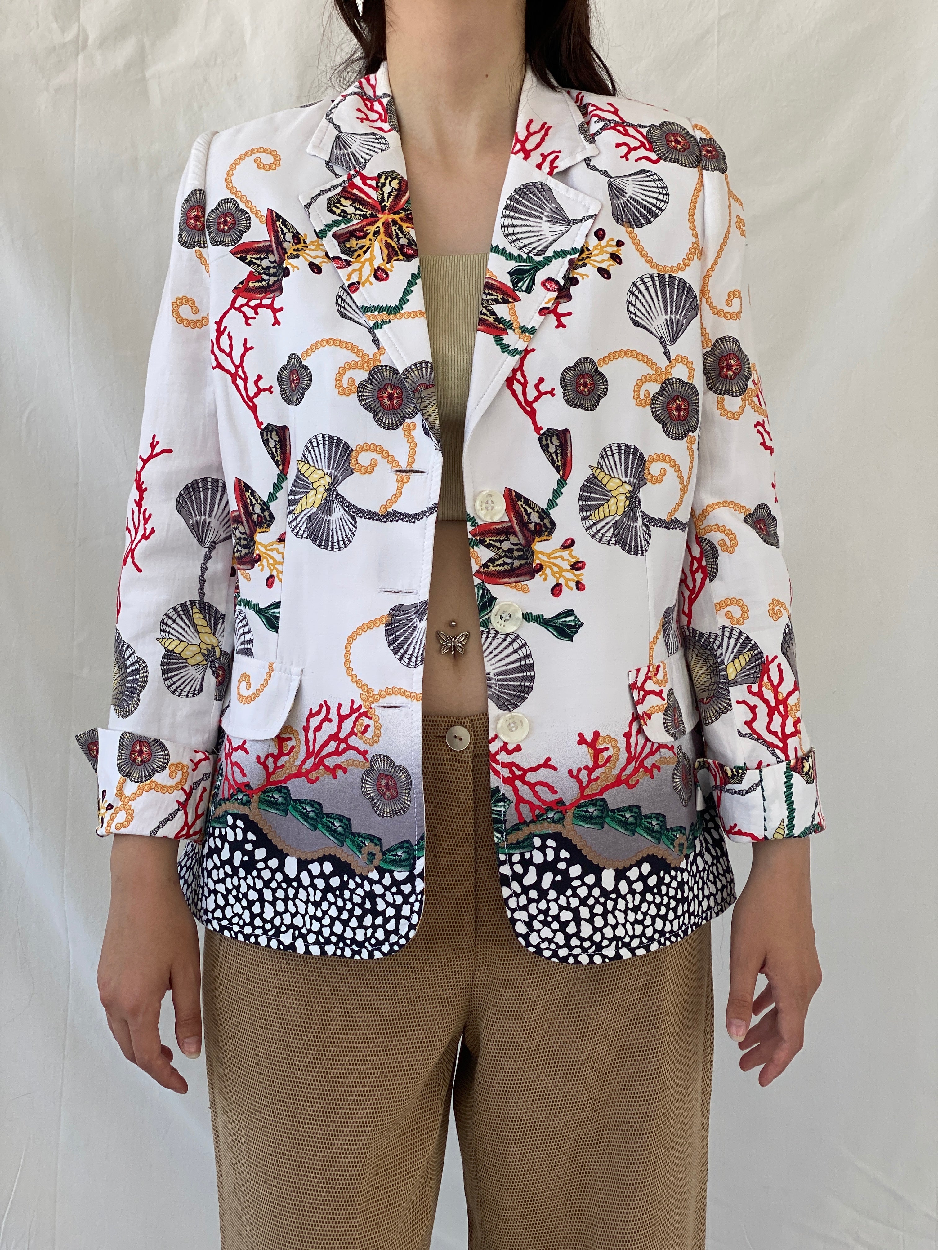 Statement SELMA Ivory Multicolor Seashell Red Coral Printed Cotton Blazer - XL - Balagan Vintage Blazer 00s, Ayah, blazer, consignment, NEW IN, Shereen, striped