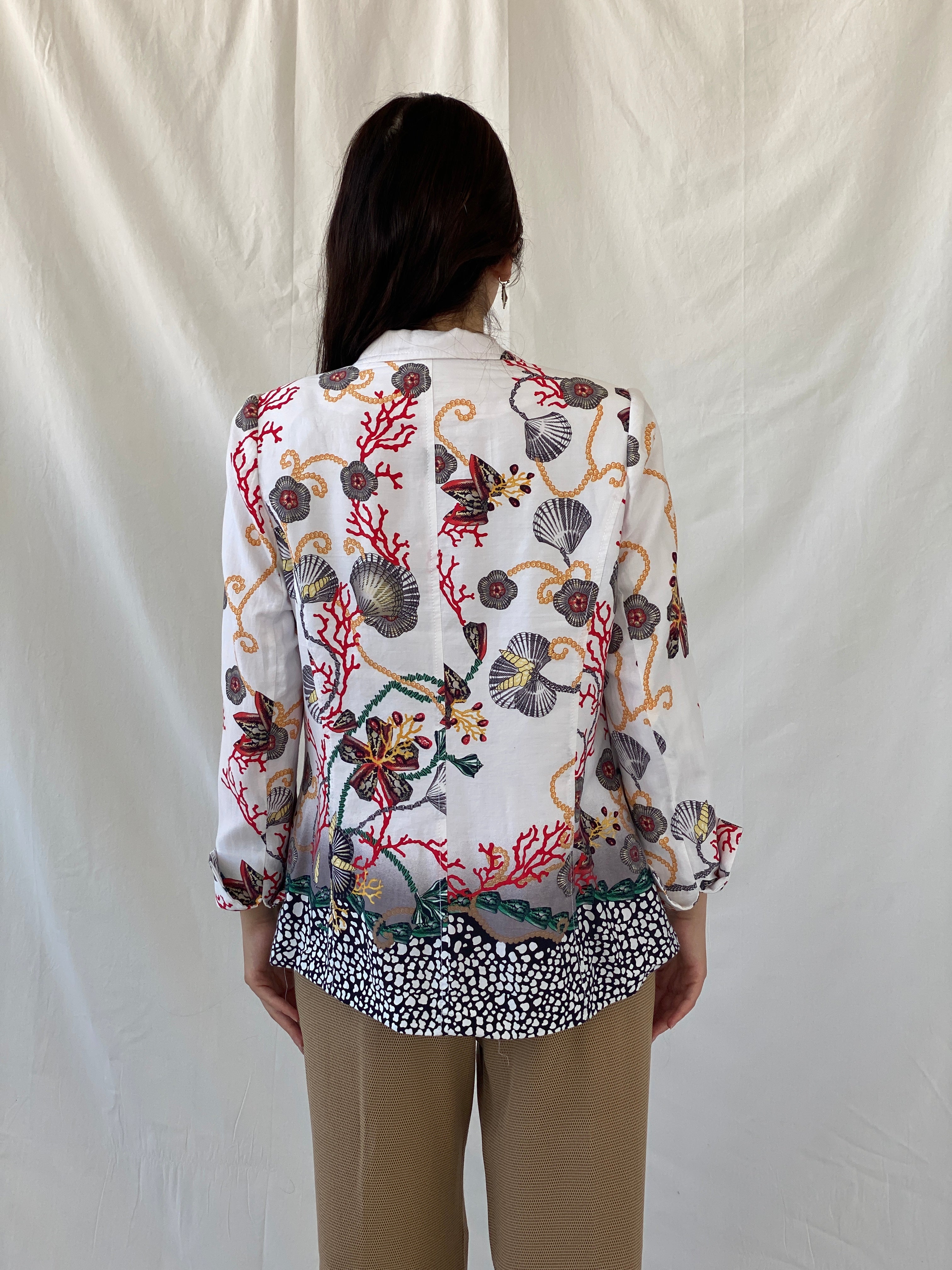 Statement SELMA Ivory Multicolor Seashell Red Coral Printed Cotton Blazer - XL - Balagan Vintage Blazer 00s, Ayah, blazer, consignment, NEW IN, Shereen, striped