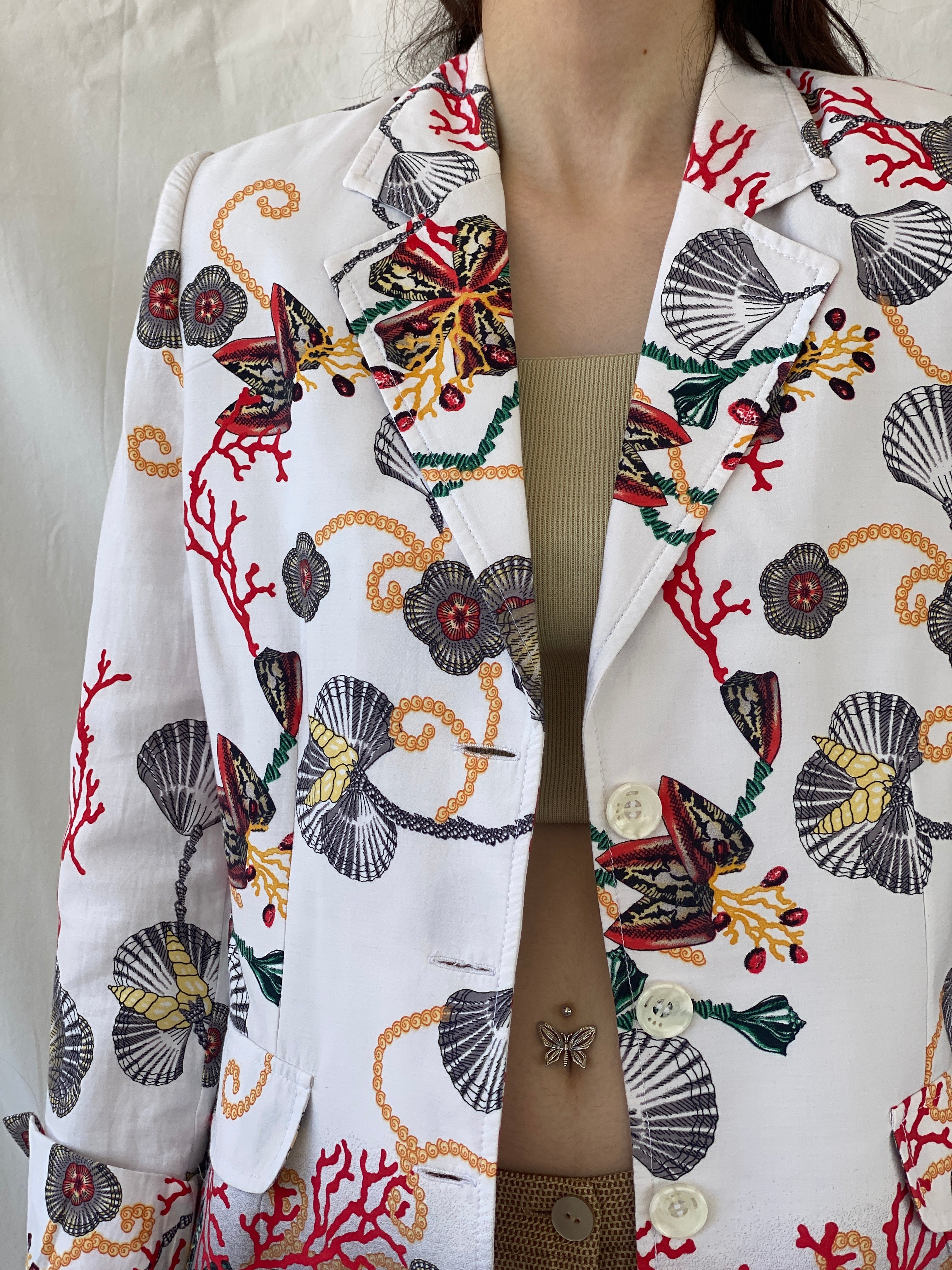 Statement SELMA Ivory Multicolor Seashell Red Coral Printed Cotton Blazer - XL - Balagan Vintage Blazer 00s, Ayah, blazer, consignment, NEW IN, Shereen, striped