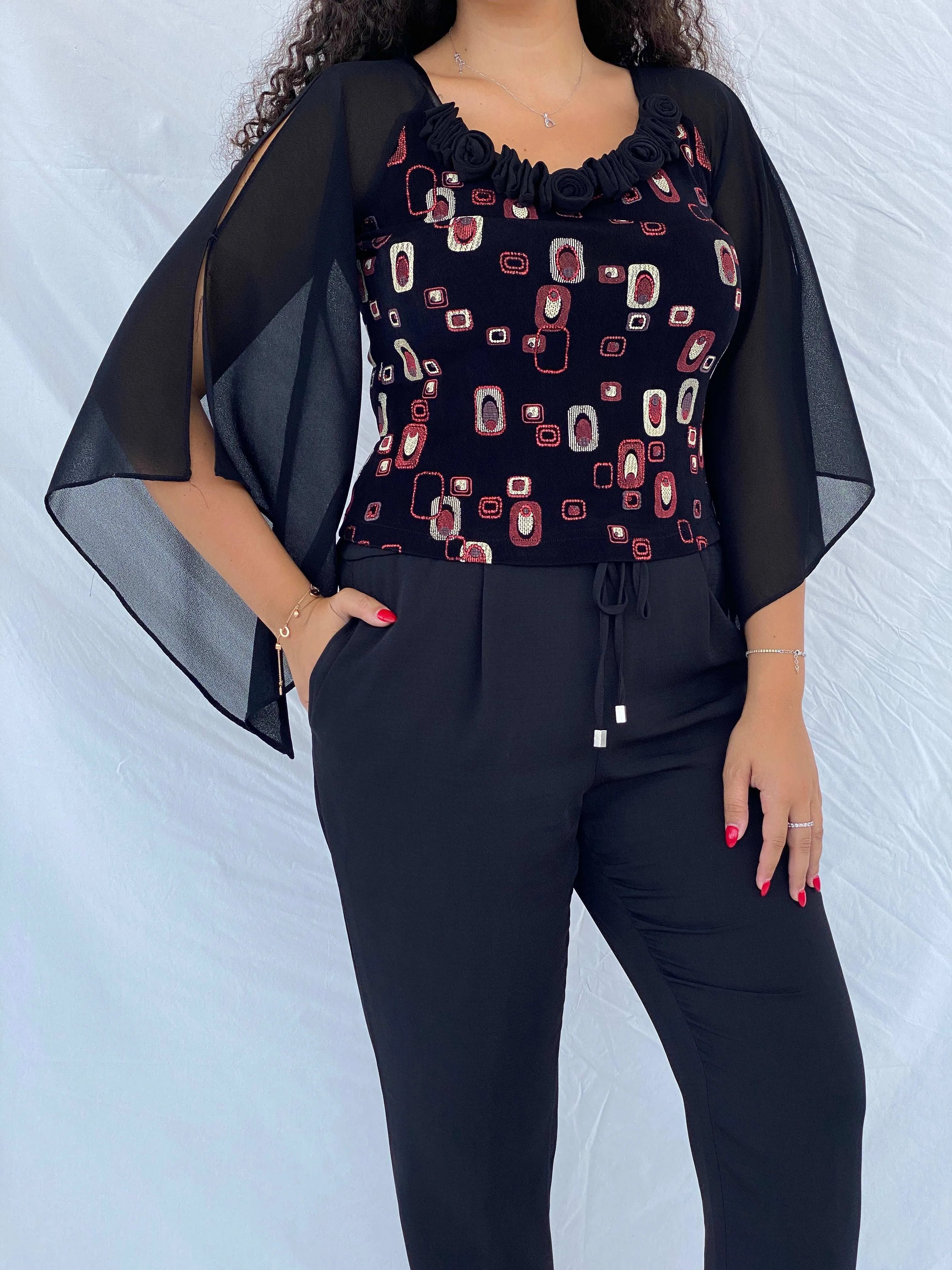 Statement Semi Sheer Black&Red Blouse - Size M - Balagan Vintage Full Sleeve Top 00s, 90s, Dina, full sleeve top, sheer