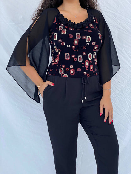 Statement Semi Sheer Black&Red Blouse - Size M - Balagan Vintage Full Sleeve Top 00s, 90s, Dina, full sleeve top, sheer
